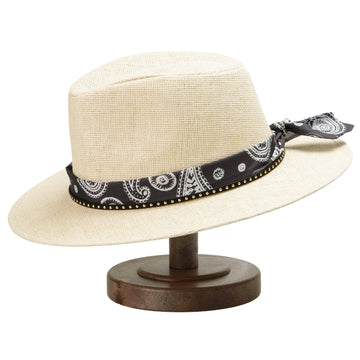 Off-White Straw Hat with Black & White Pattern Band