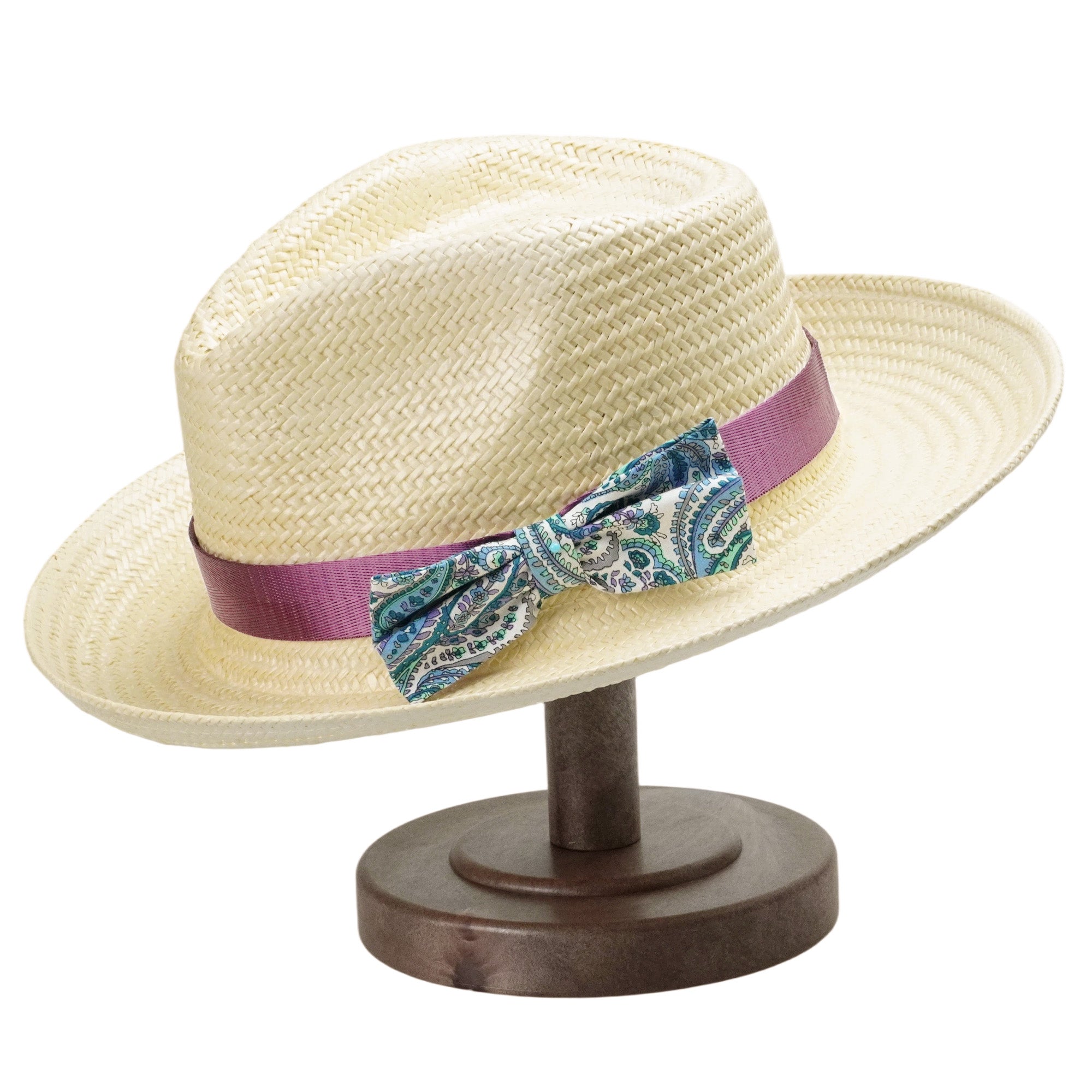 Beige Straw Hat with Purple Satin Bow Band