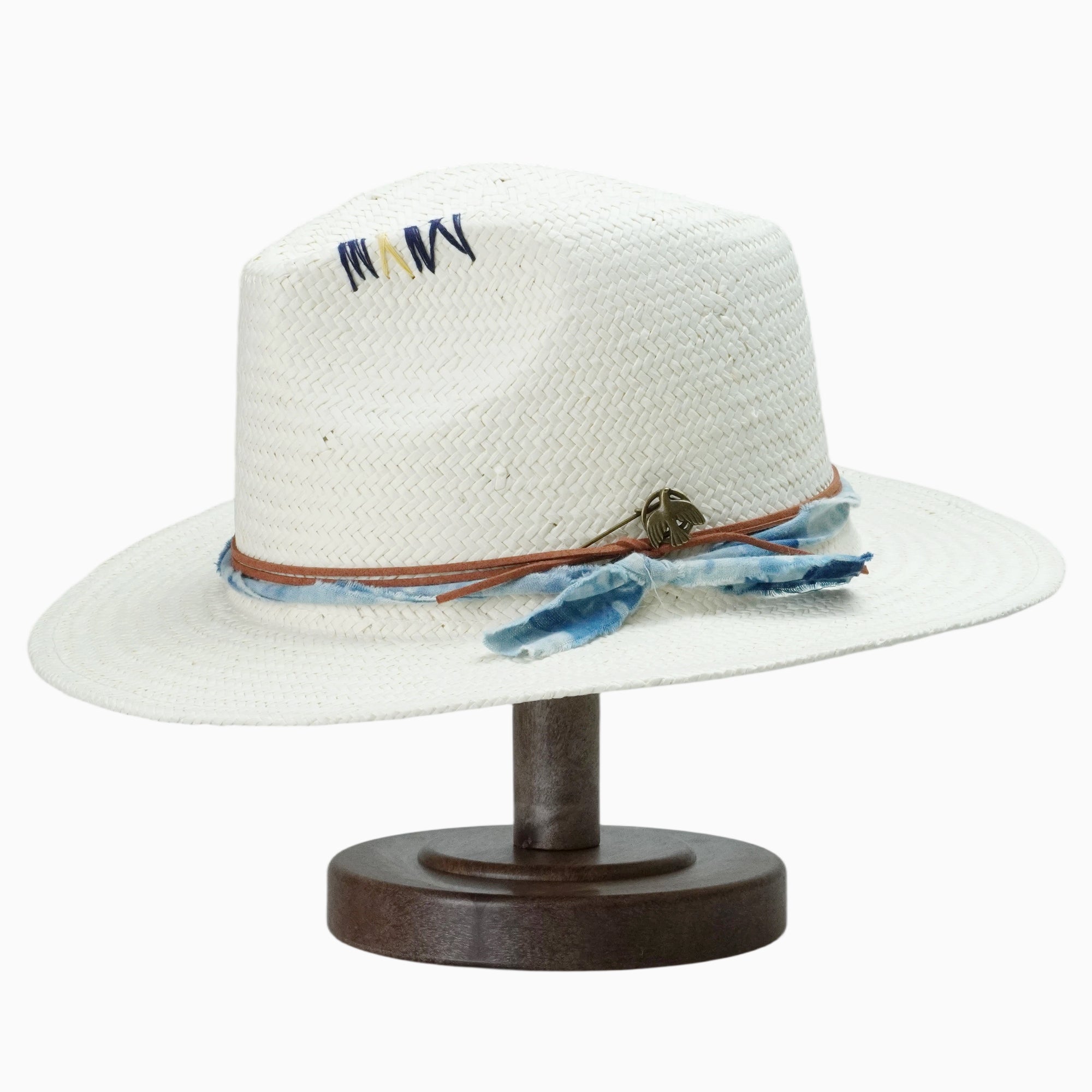 White Breathable Straw Fedora with Tie-Dye Band & Dove Pin
