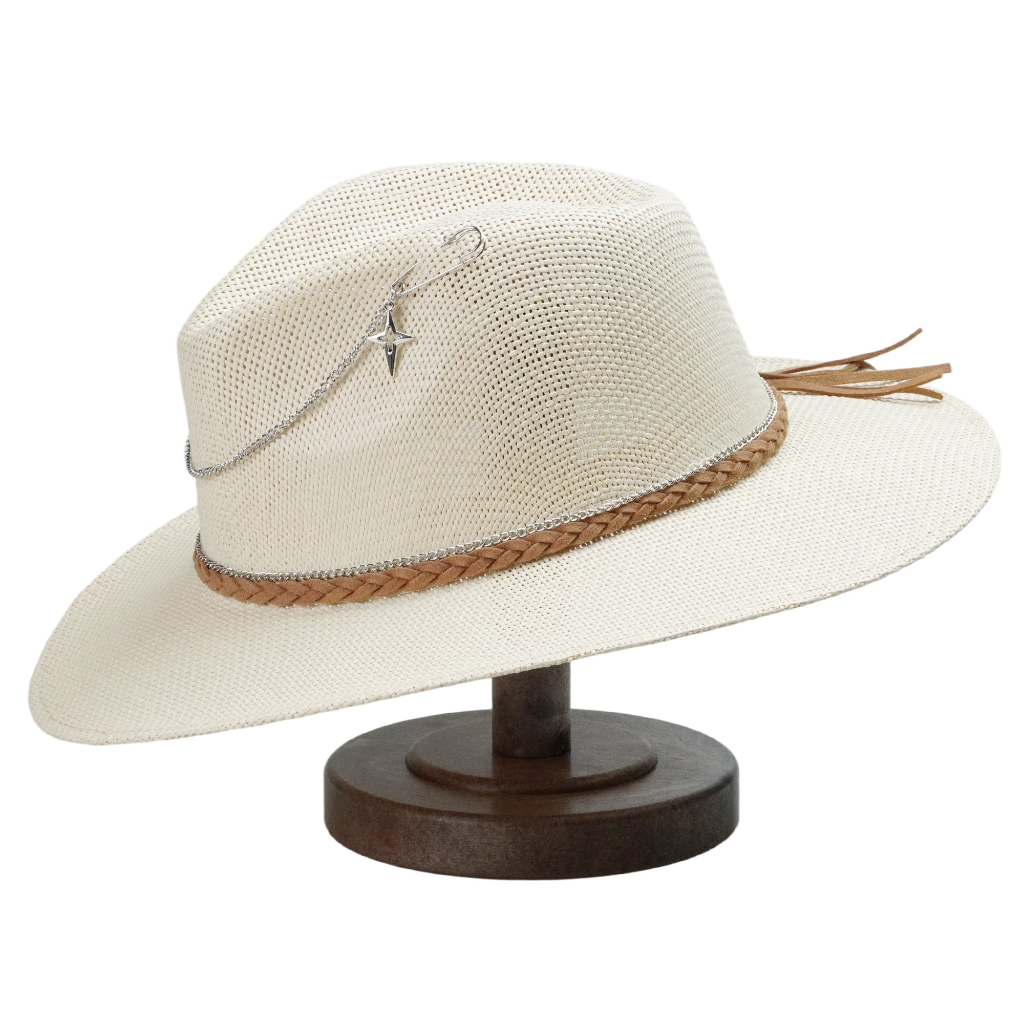 Off-White Straw Hat with Silver Chain & Woven Band