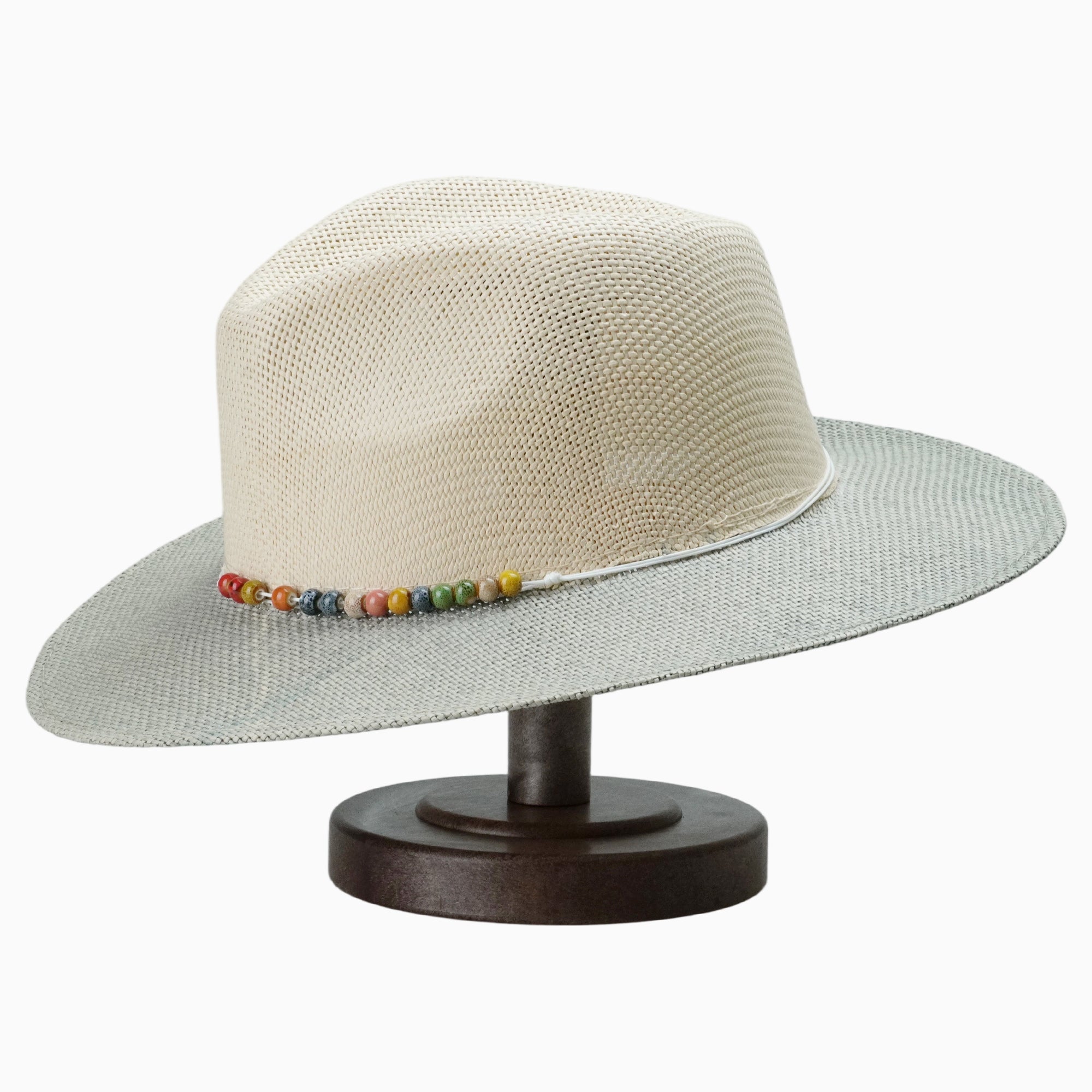 Two-Tone Beige & Grey Straw Hat with Colorful Bead Embellishment