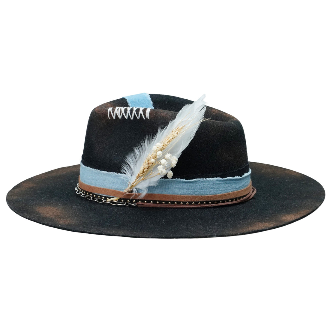 Gothic Felt Fedora with Silver Chain & Dried Flowers