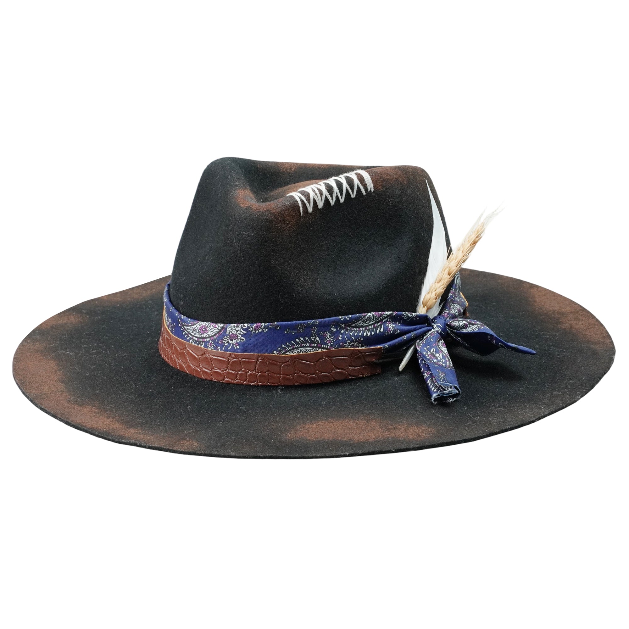 Hand-Burned Distressed Felt Hat – Croc-Texture Band, Feather Accent