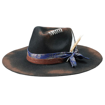 Hand-Burned Distressed Felt Hat – Croc-Texture Band, Feather Accent