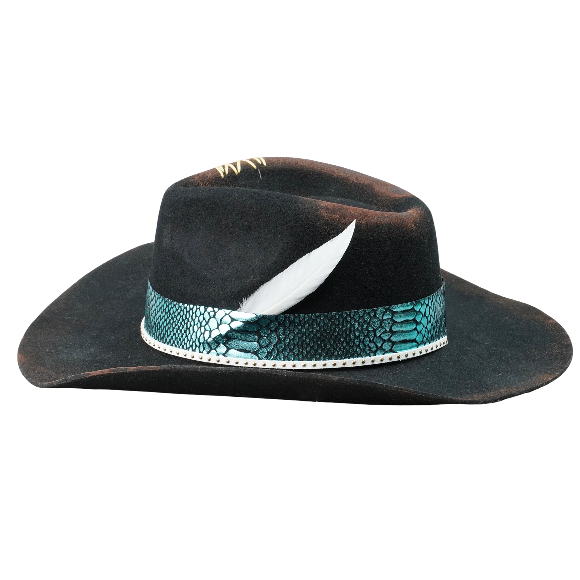 Hand-Burned Artistic Felt Hat – Charred Finish, Glossy Trim