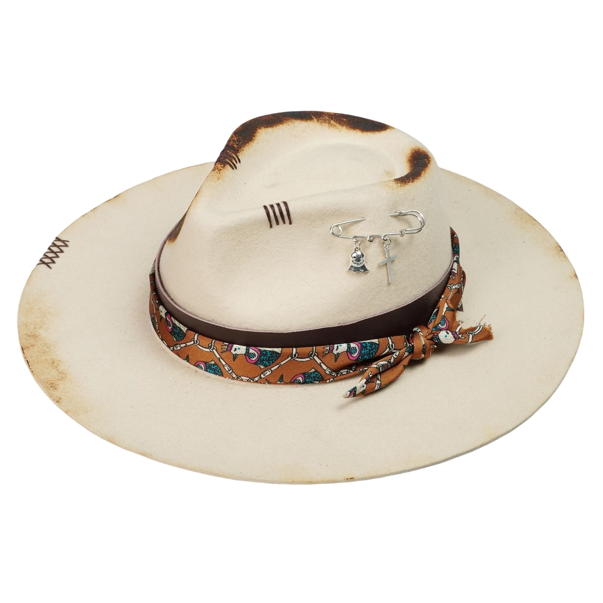 Hand-Burned Edgy Felt Hat – Neutral Tone, Textural Contrast Band
