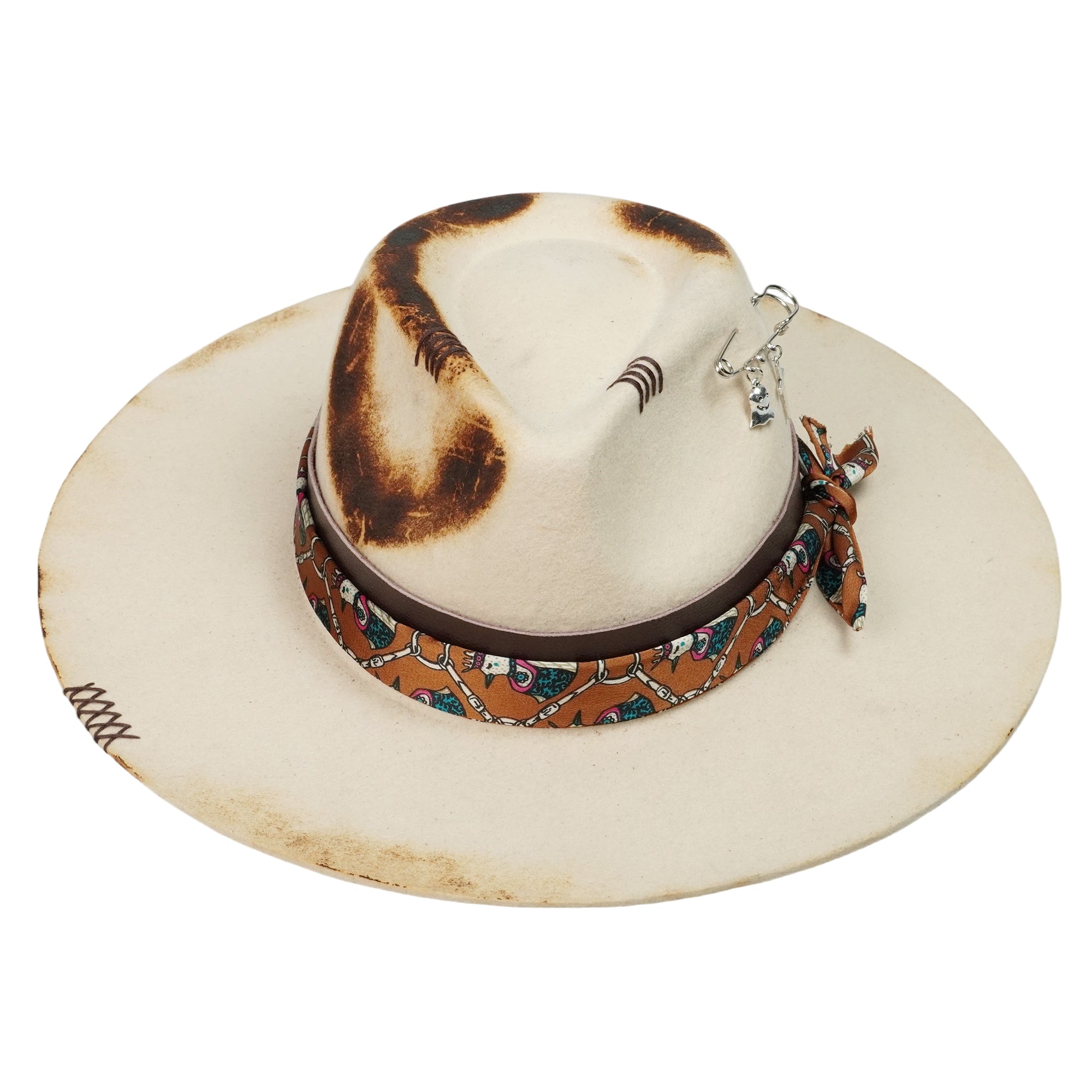 Hand-Burned Edgy Felt Hat – Neutral Tone, Textural Contrast Band