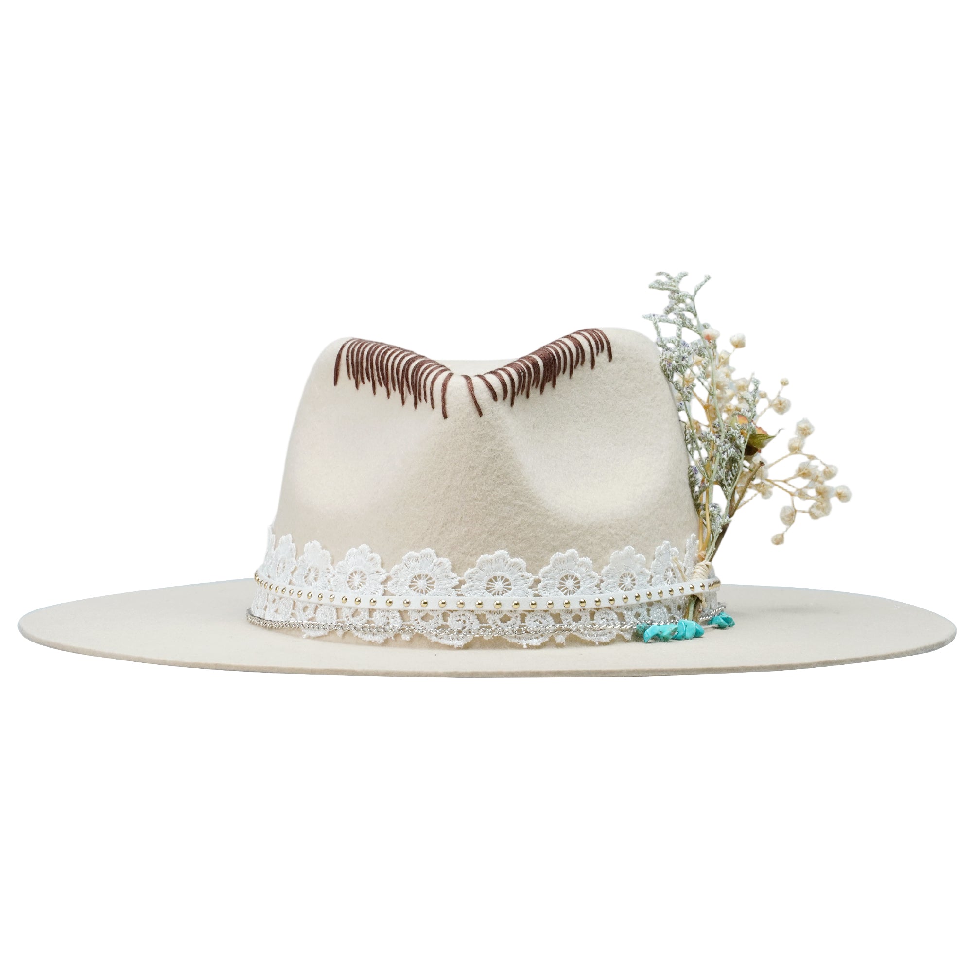 Cream Felt Fedora with Lace Band & Turquoise Beads
