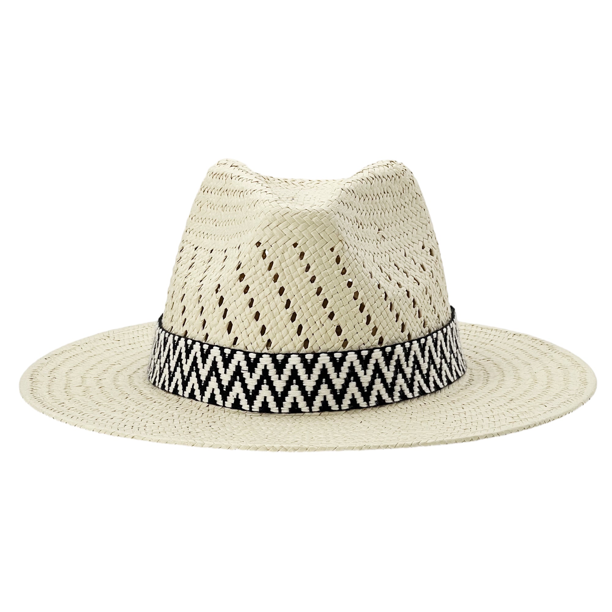 Straw Hat with B&W Patterned Fabric Band