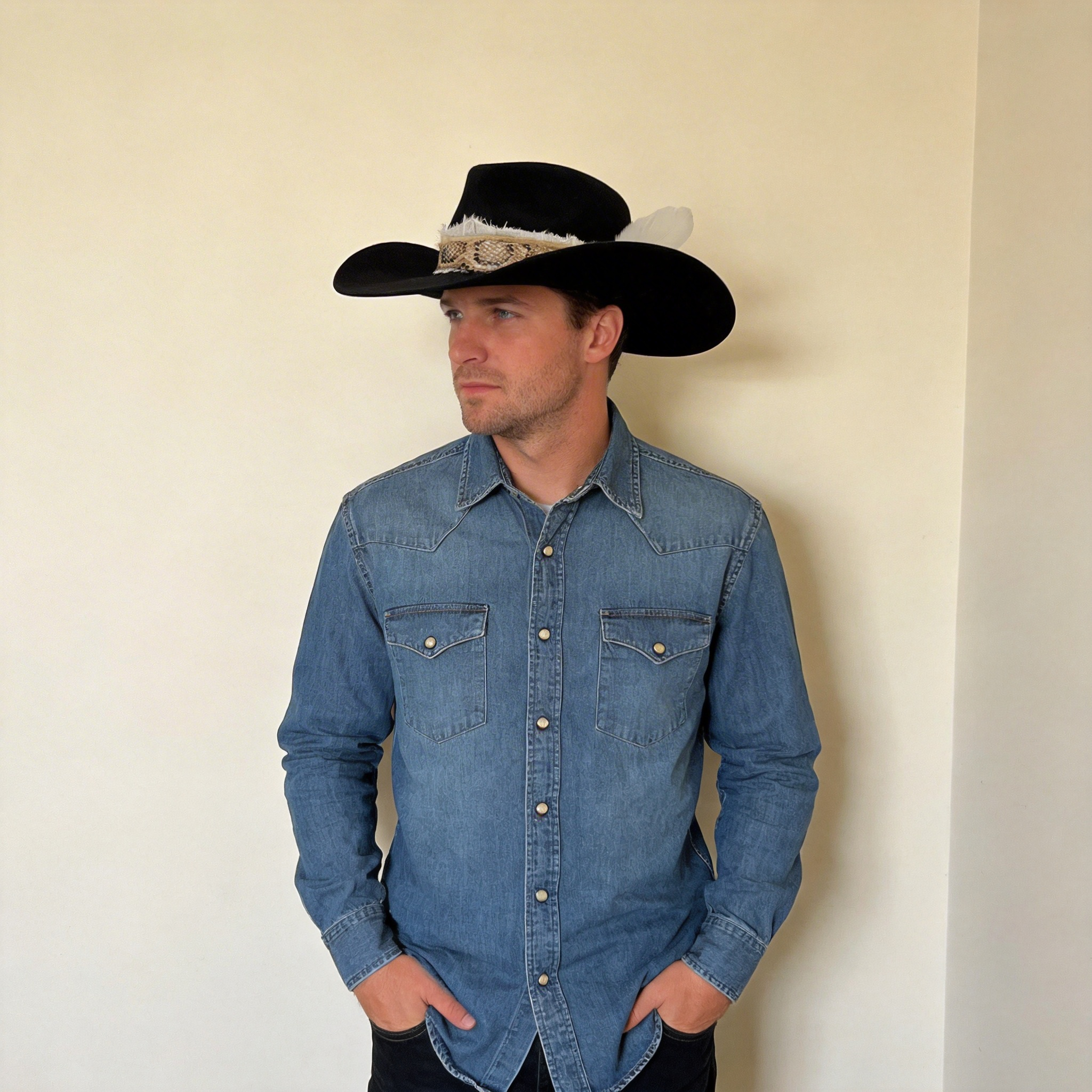 Black Cowboy Hat – Printed Band & Feather