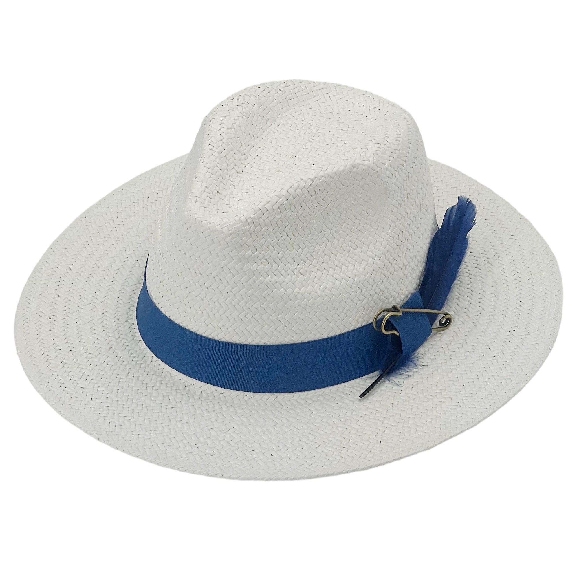 White Straw Hat – Blue Band & Feather Accent