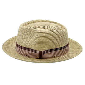 Straw Hat – Beige, Narrow Brim, Striped Band