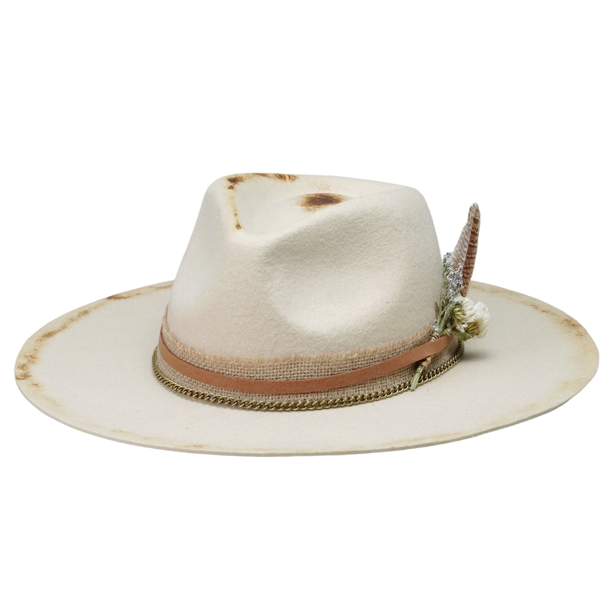 Off-White Flat Brim Felt Hat with Dried Flowers