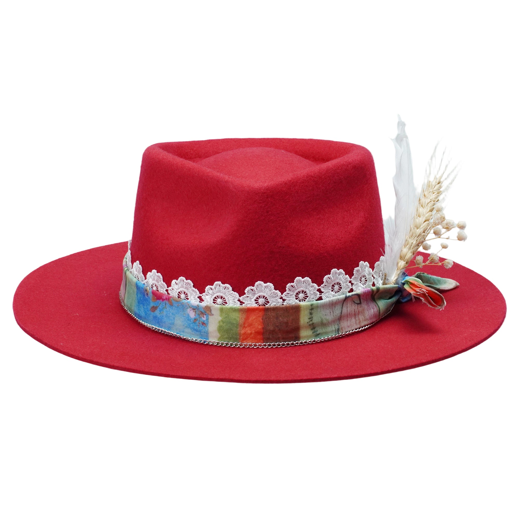 Red Straight Brim Felt Hat with Lace & Floral Band