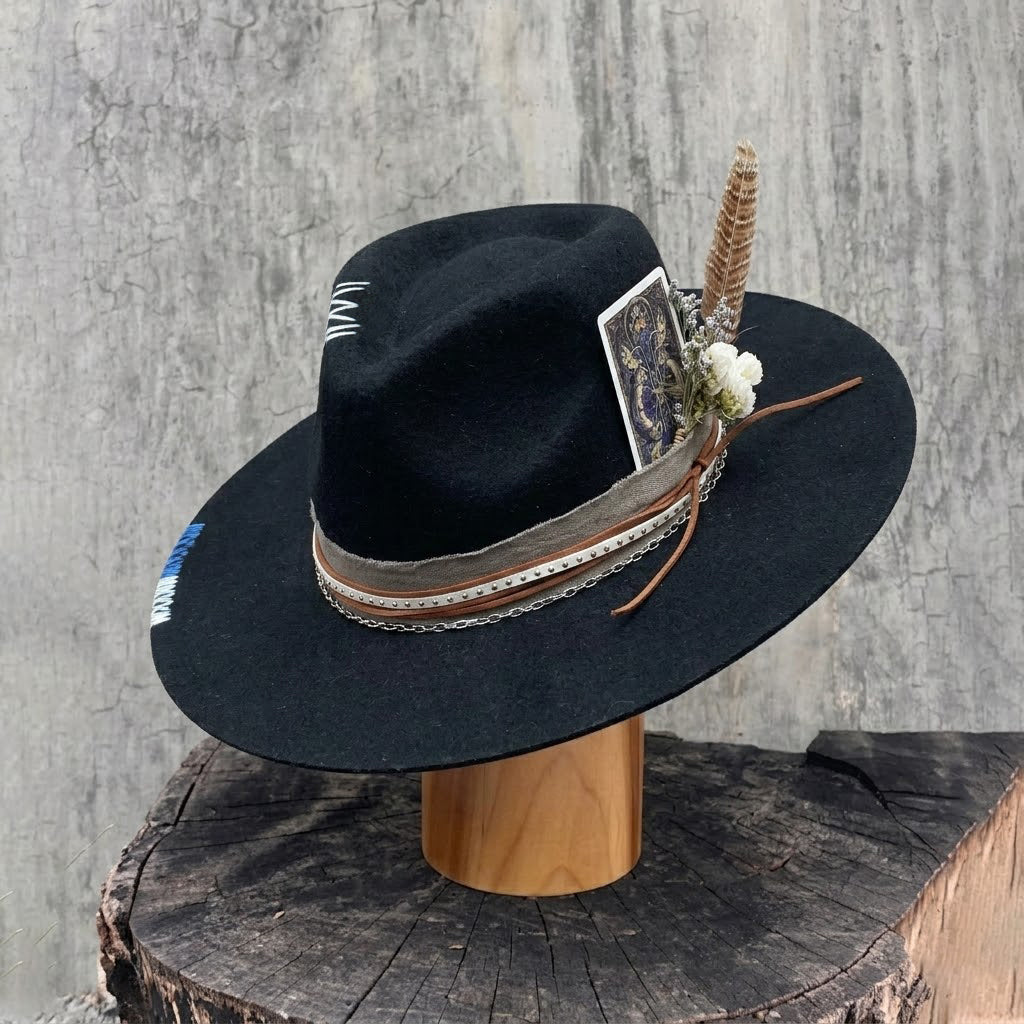 Gothic Felt Fedora with Mixed Textures & Card Accent