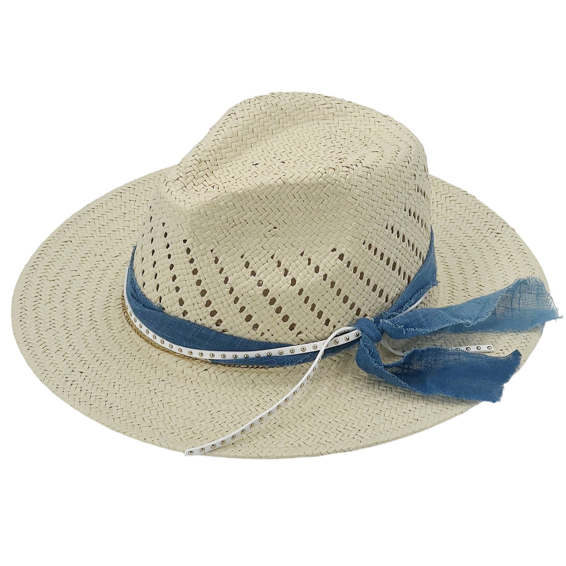Light Neutral Hat – Blue Fabric & White Strap