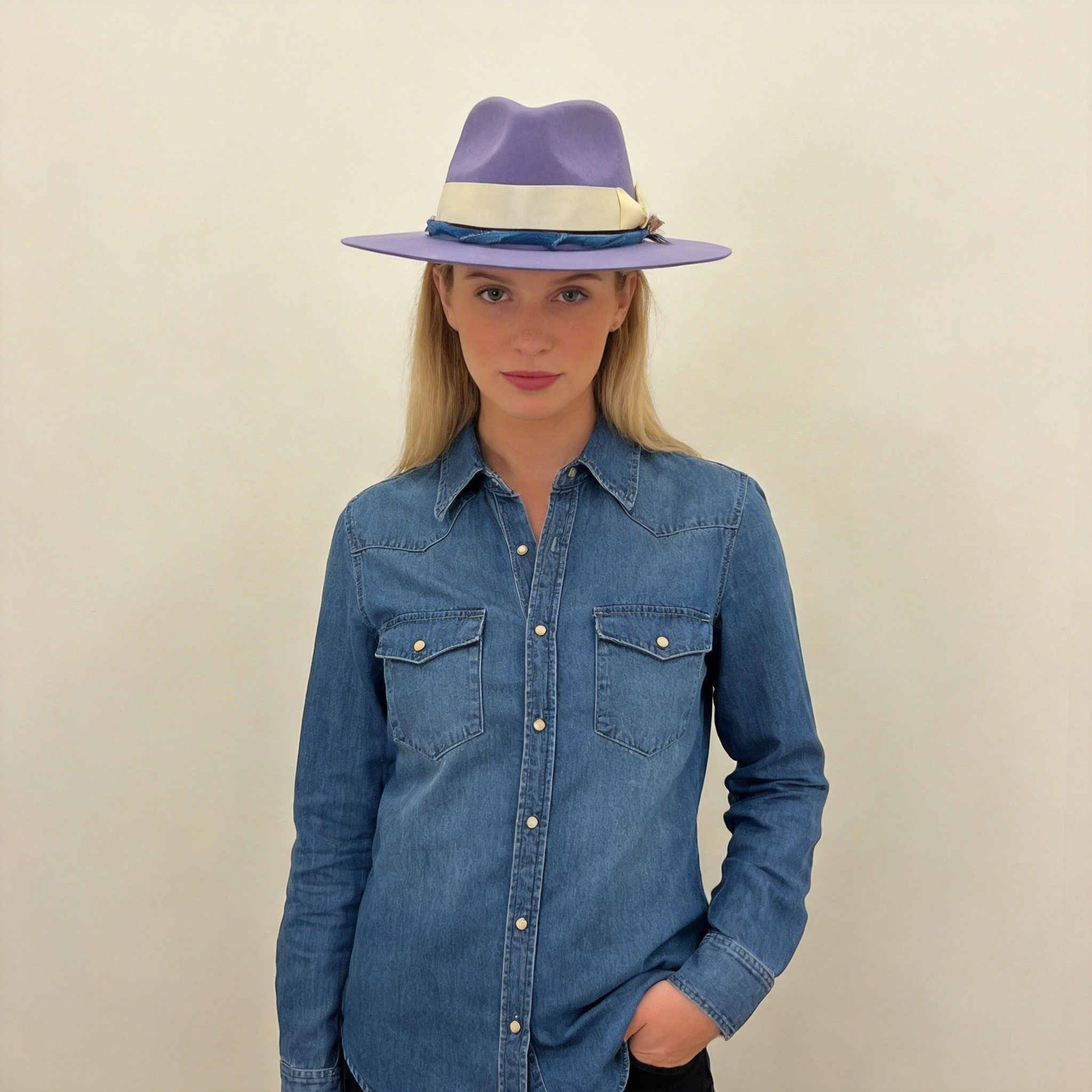 Violet Flat-Brim – White Bow, Blue & Feather