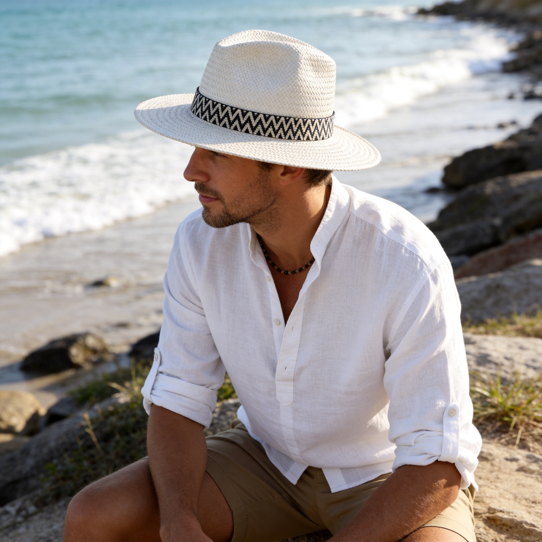 White Straw Hat – Graphic Woven Trim