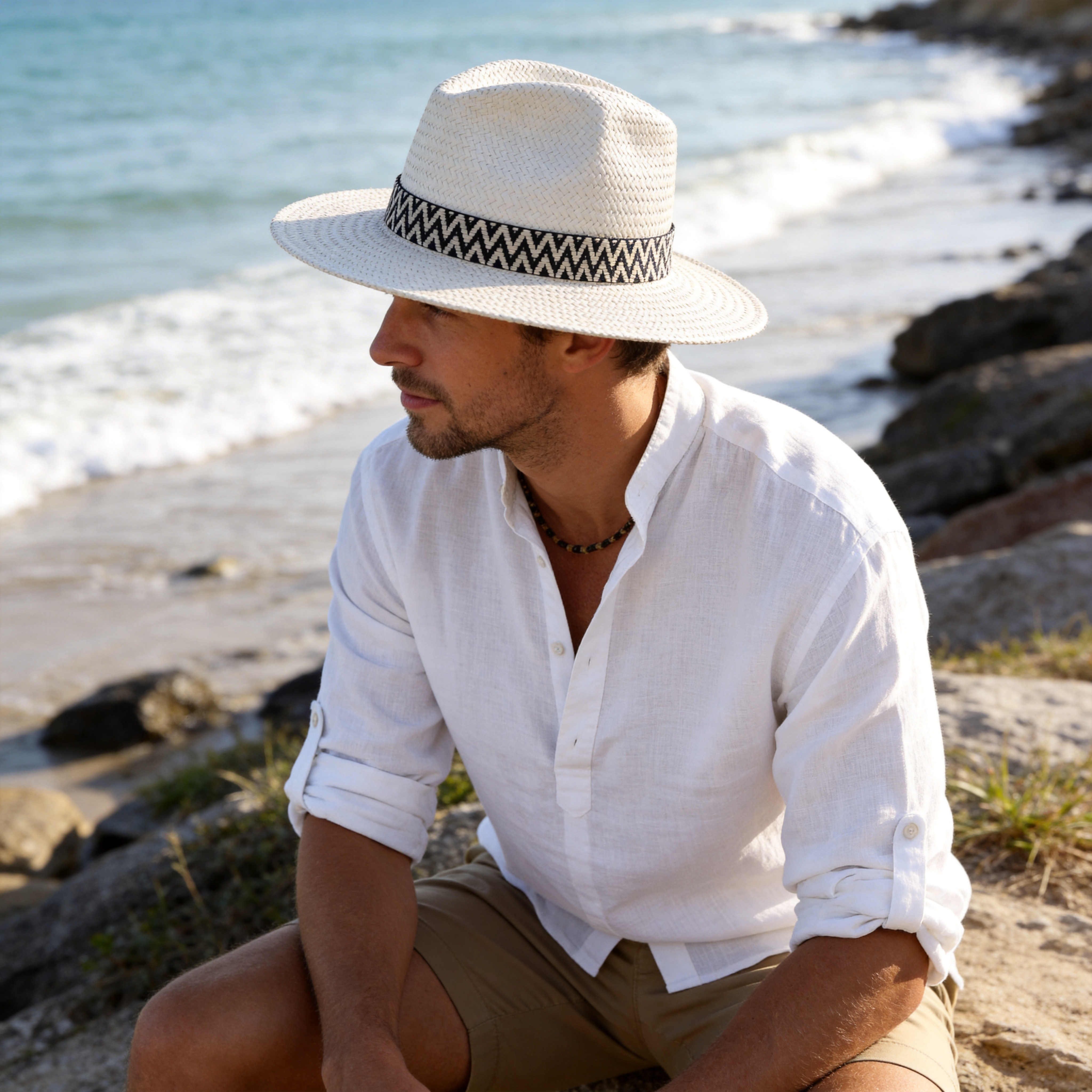 White Straw Hat – Graphic Woven Trim