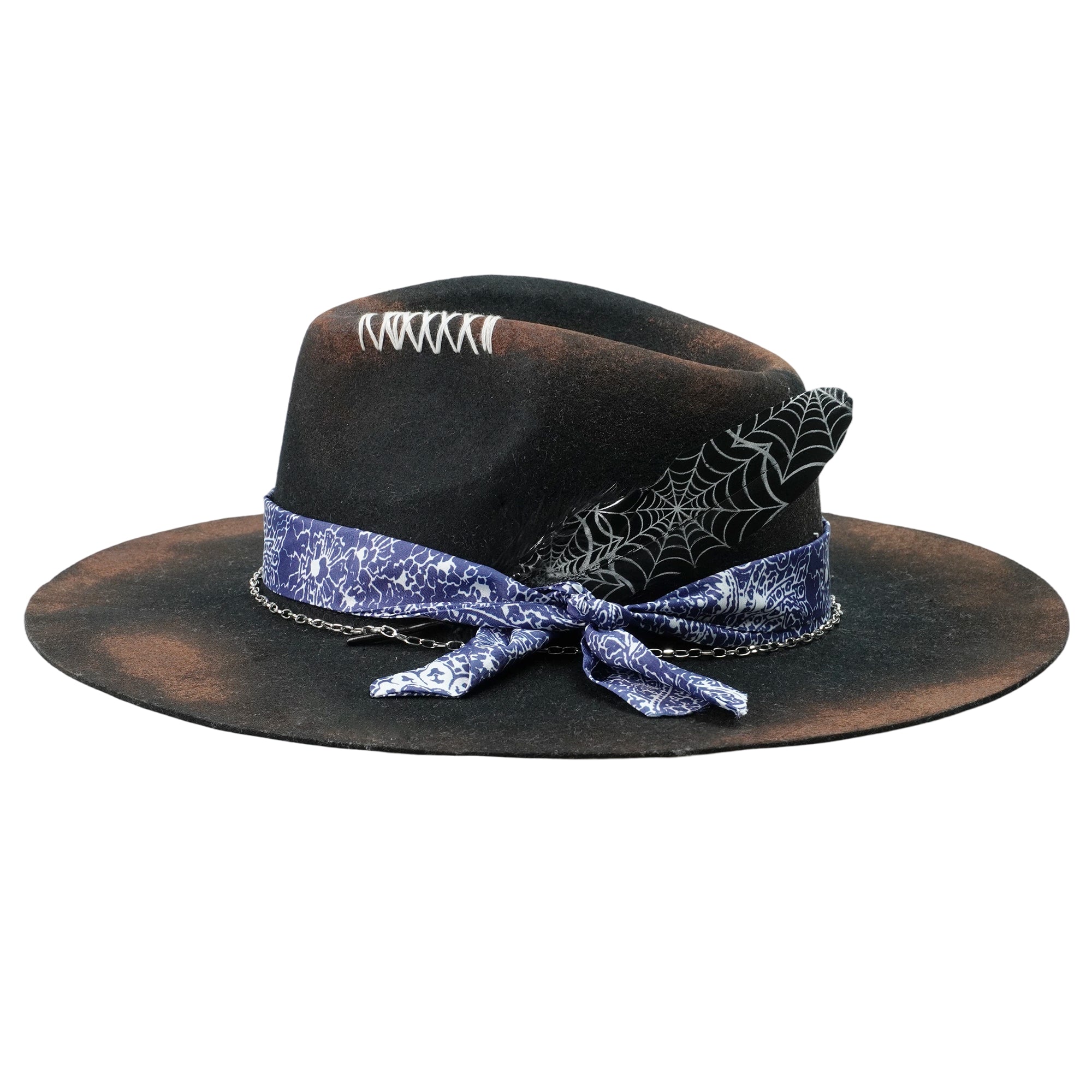 Hand-Burned Modern Felt Hat – Sleek Black, Mixed-Media Band