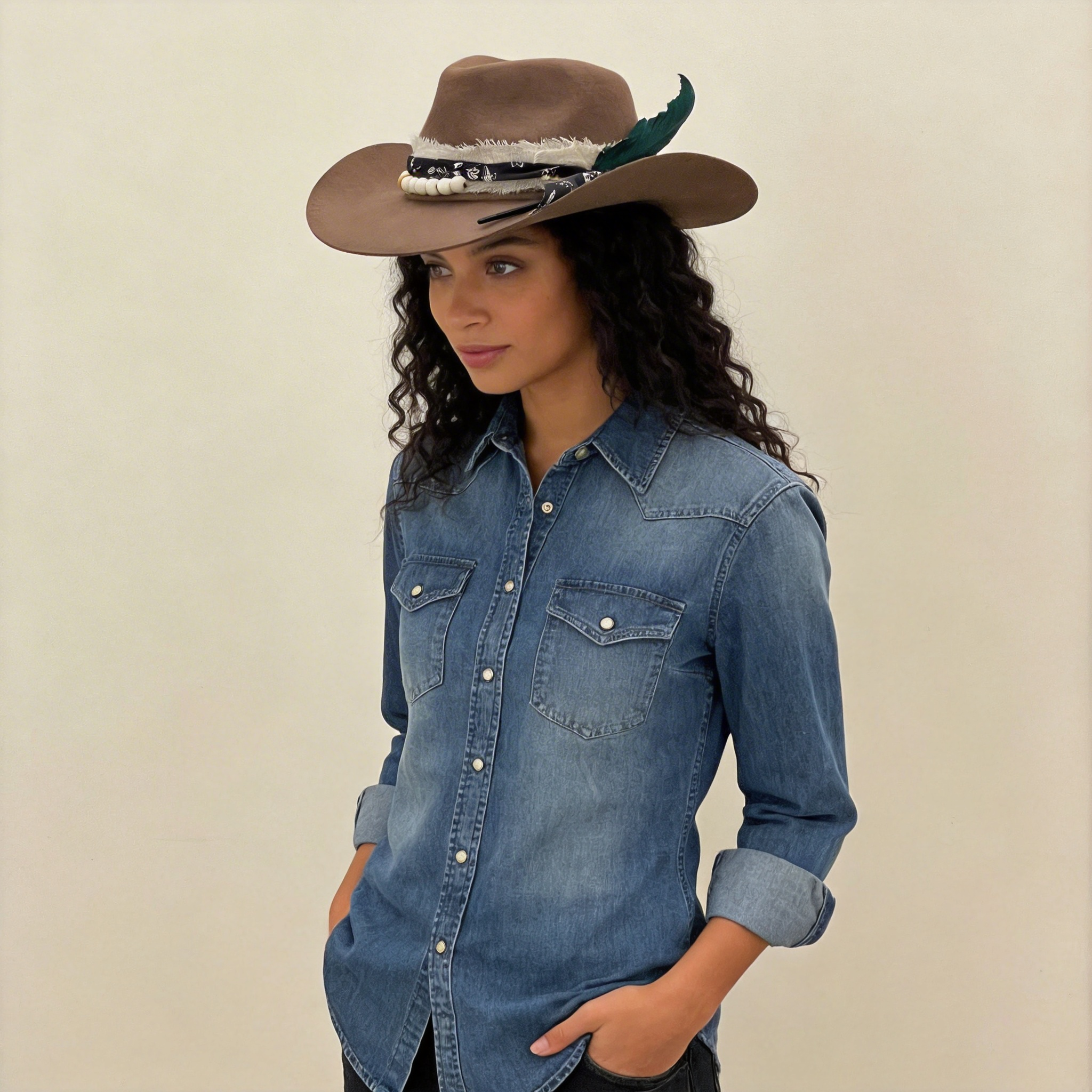 Tan Cowboy Hat – Woven Band & Feather