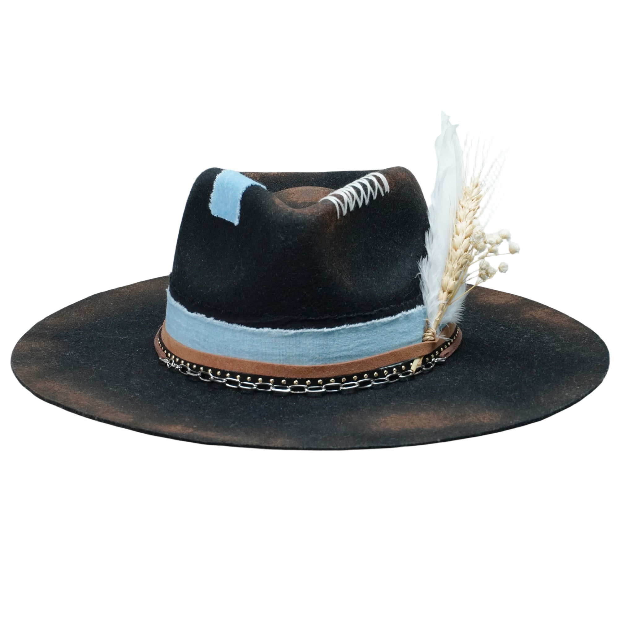 Gothic Felt Fedora with Silver Chain & Dried Flowers