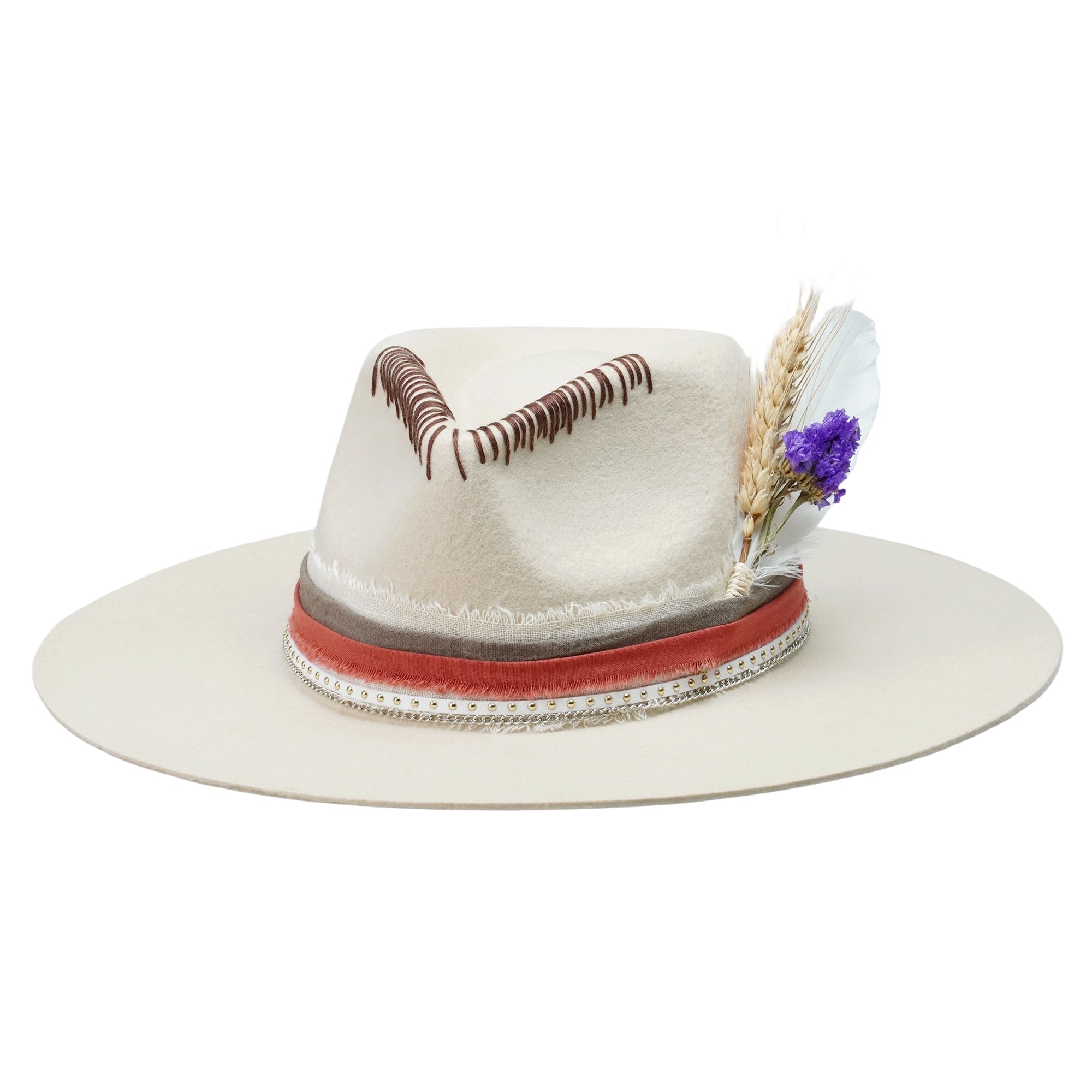 Classic Teardrop Crown Hat - Cream with Stitched Design