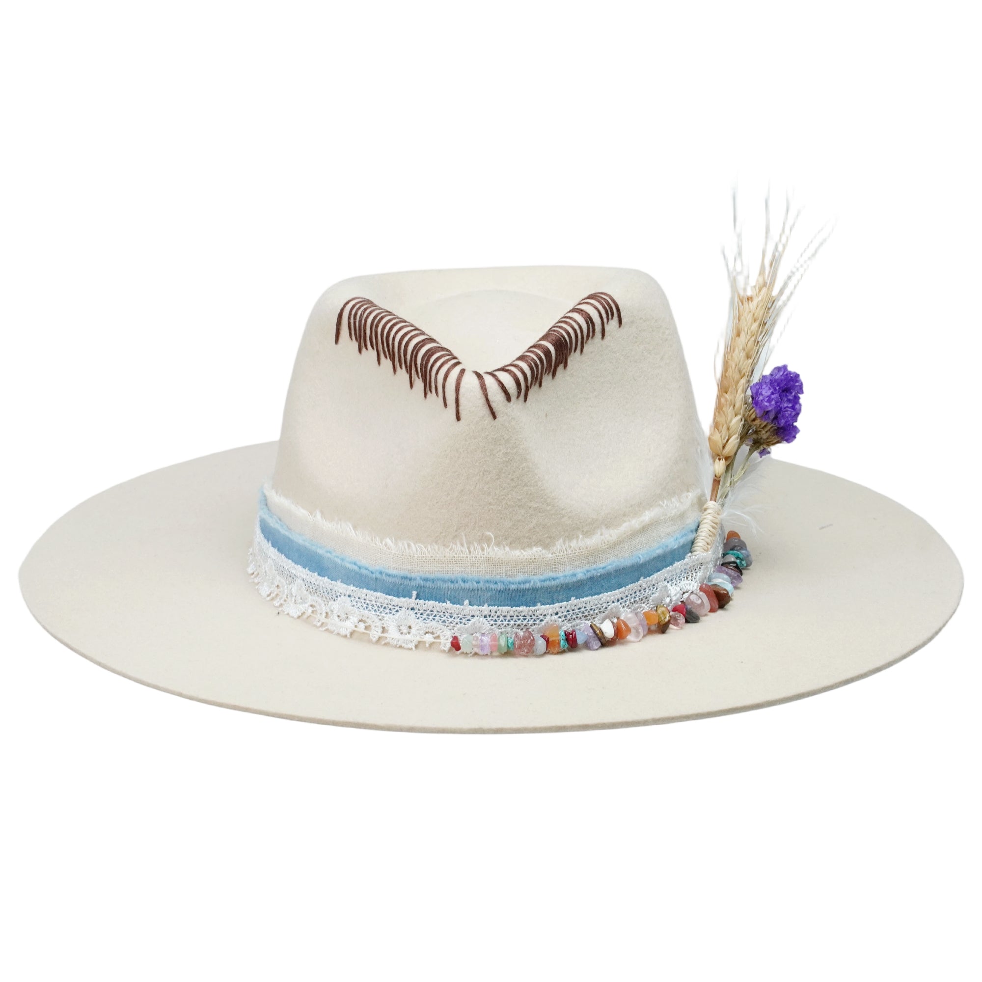 Cream Felt Fedora with Colorful Stones & Dried Flowers