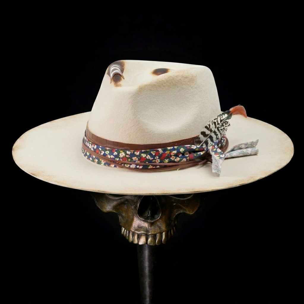 Hand-Burned Modern Felt Hat – Neutral Base, Mixed-Material Trim