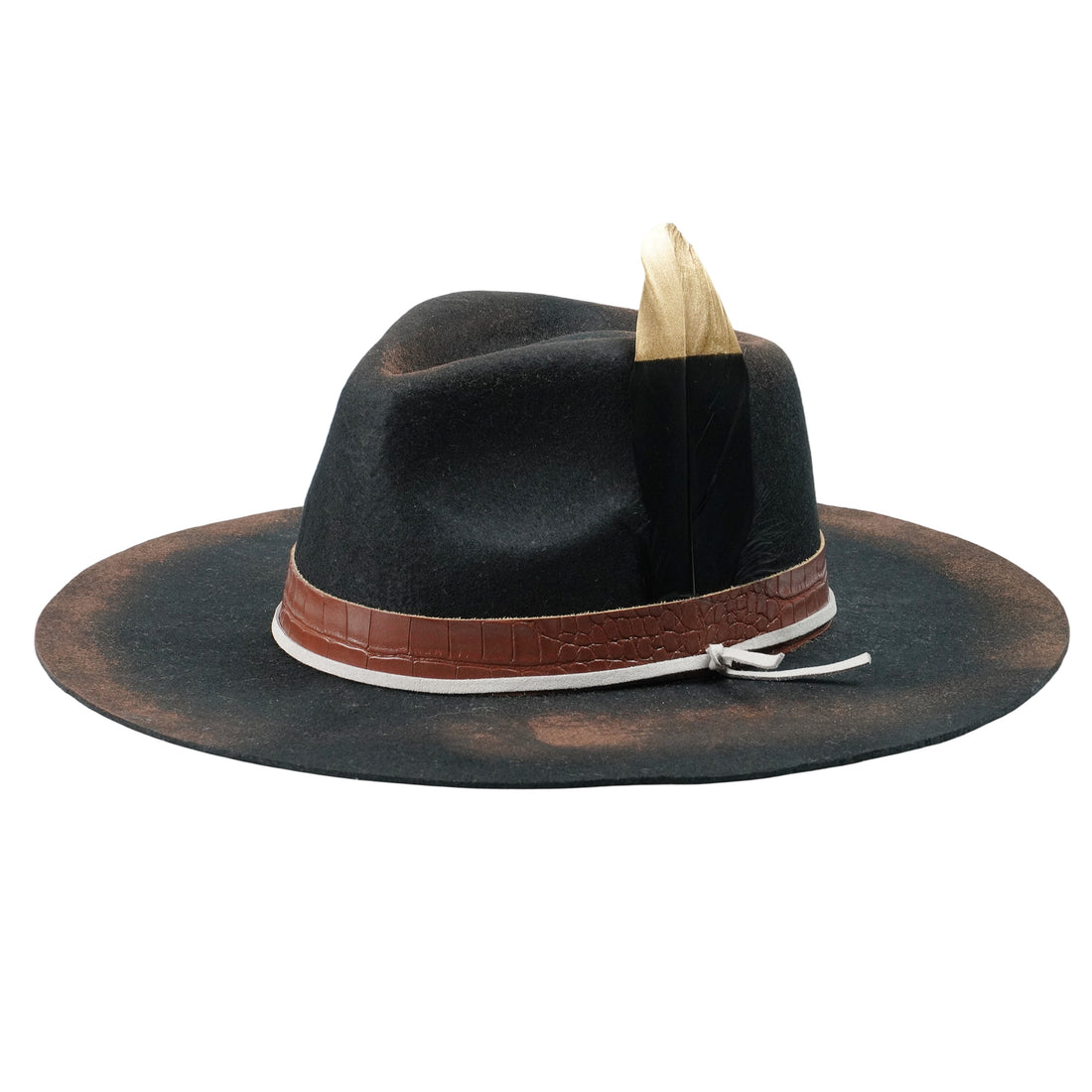 Hand-Burned Statement Felt Hat – Distressed Edge, Leather and Feather