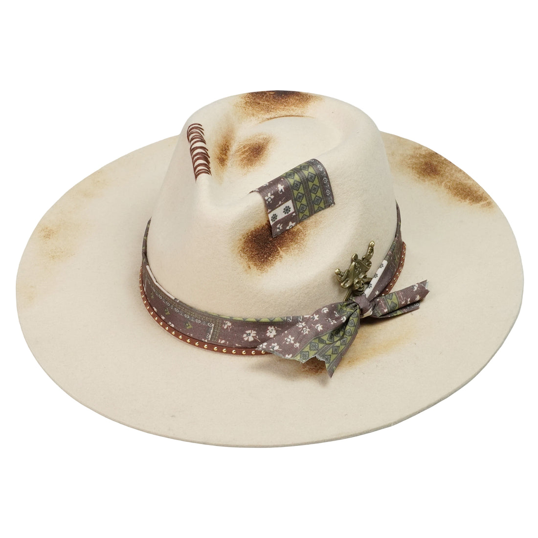 Hand-Burned Edgy Felt Hat – Neutral Tone, Mixed Media Band
