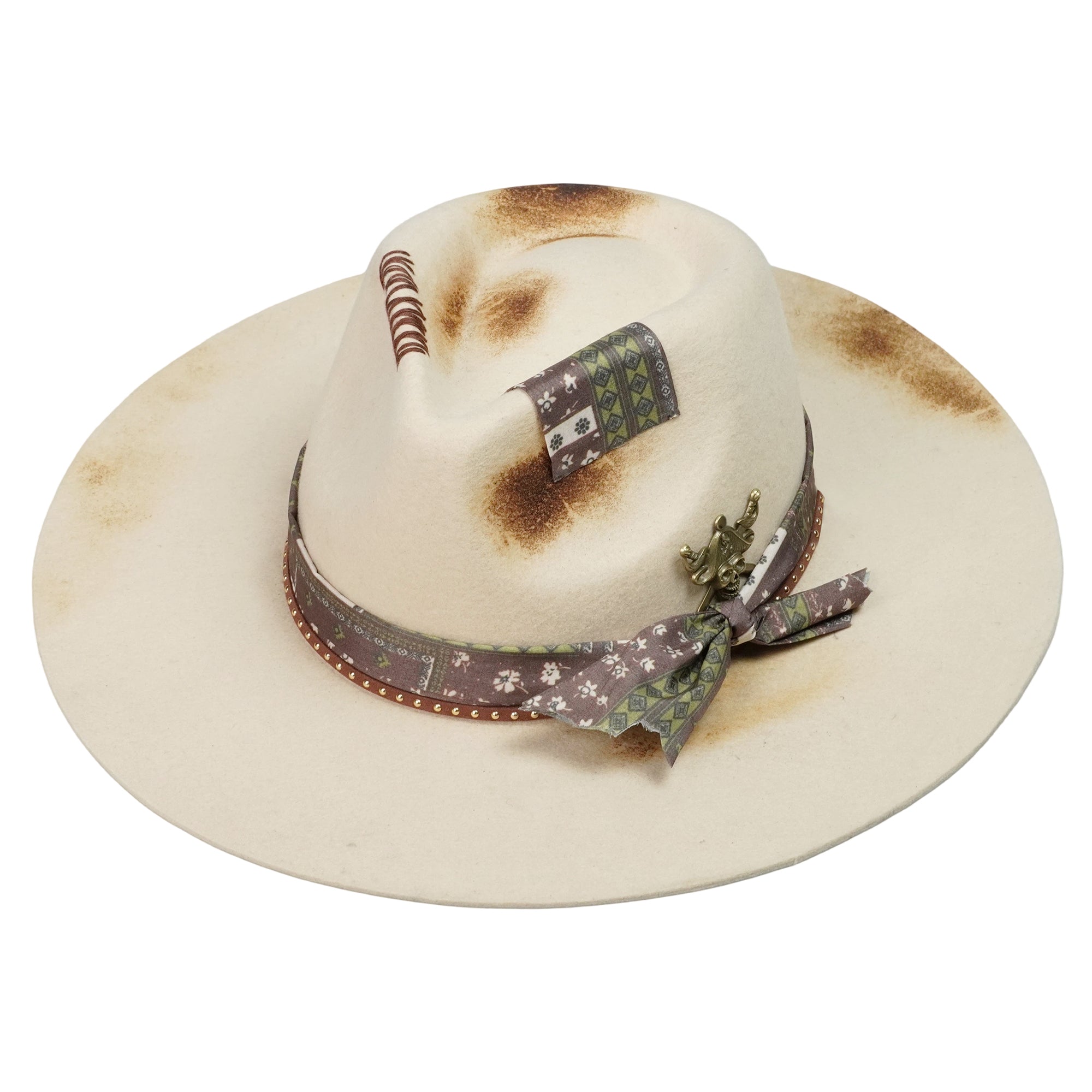 Hand-Burned Edgy Felt Hat – Neutral Tone, Mixed Media Band