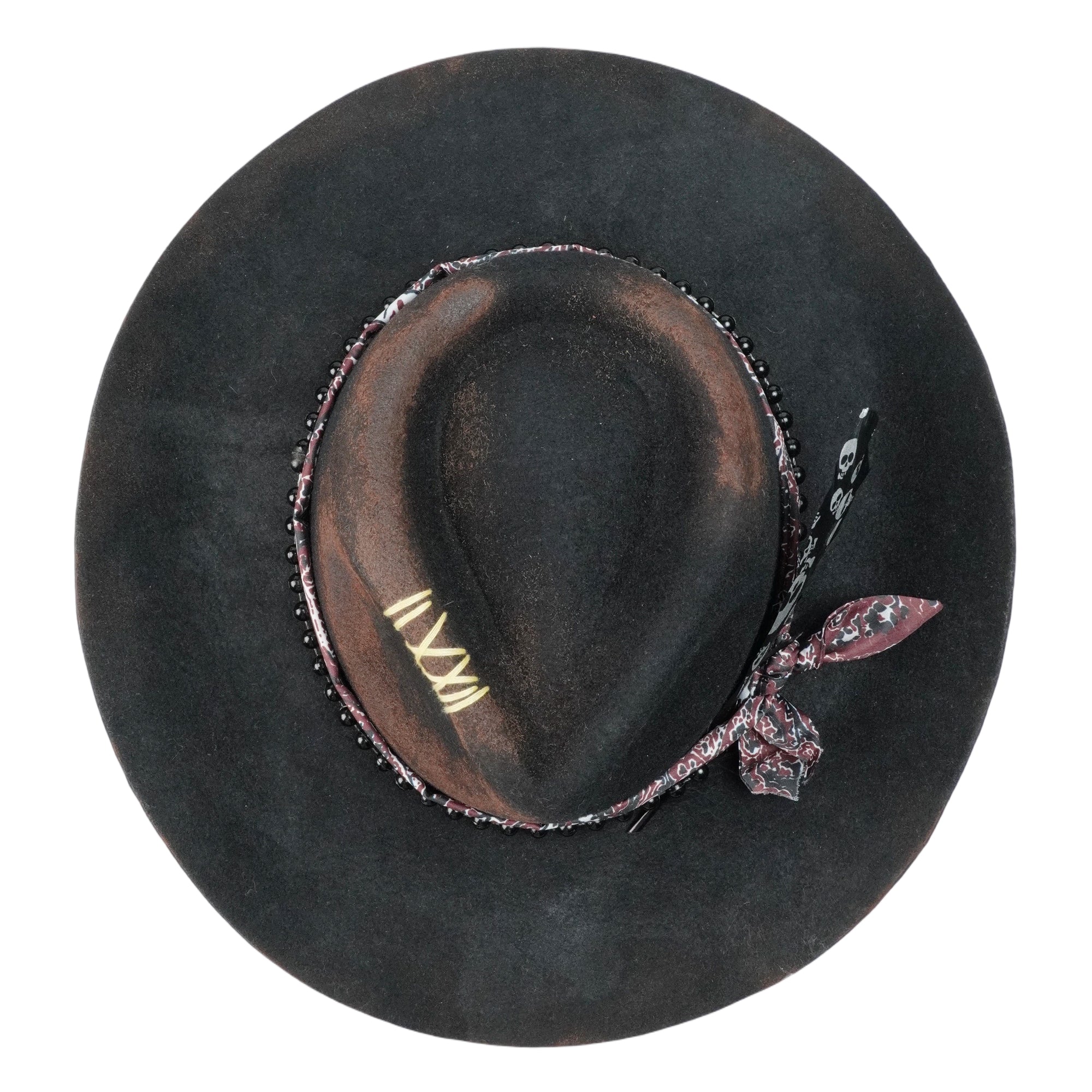 Hand-Burned Modern Felt Hat – Dark Base, Textured Accents