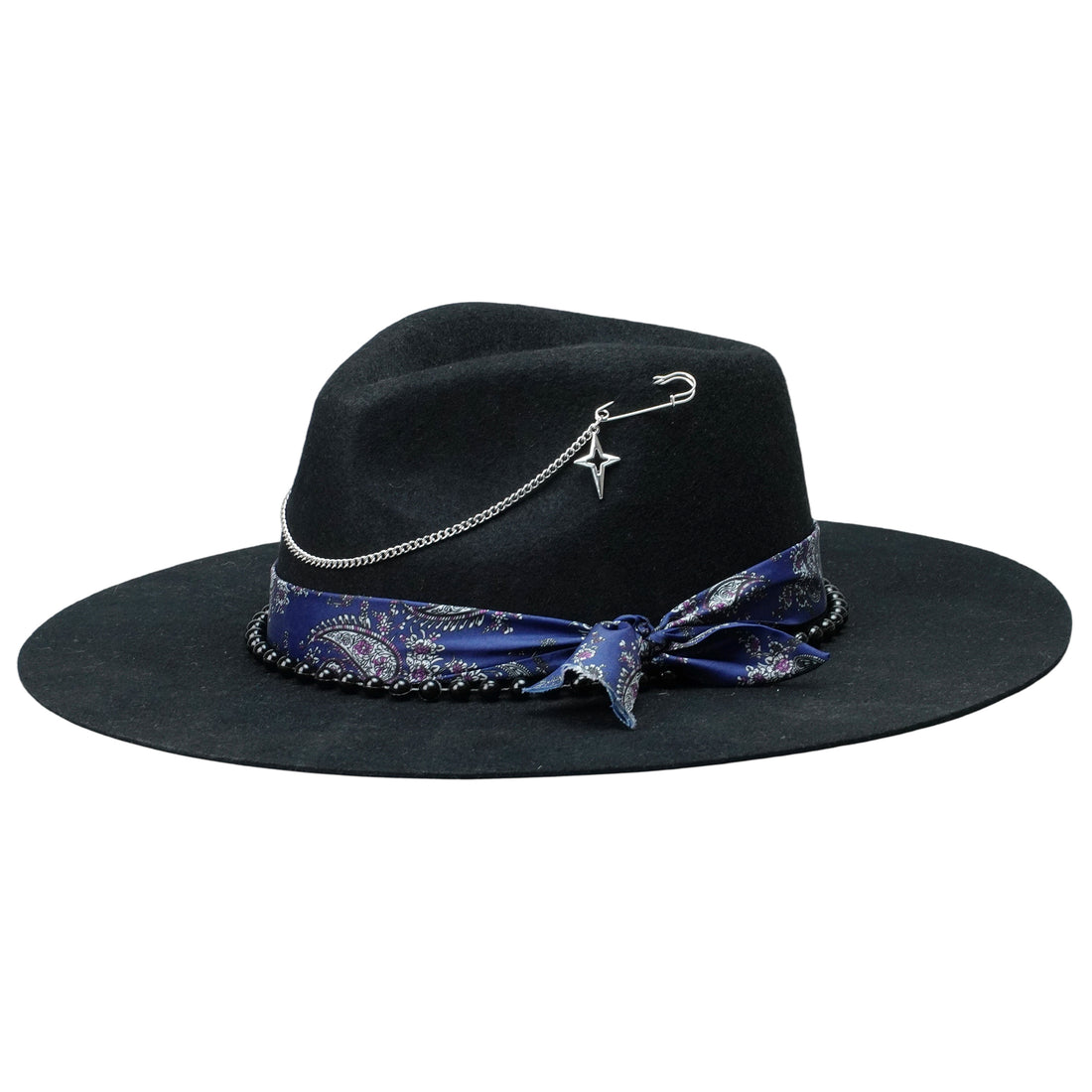 Edgy Black Hat: Beaded Band, Metal Chains, Pins