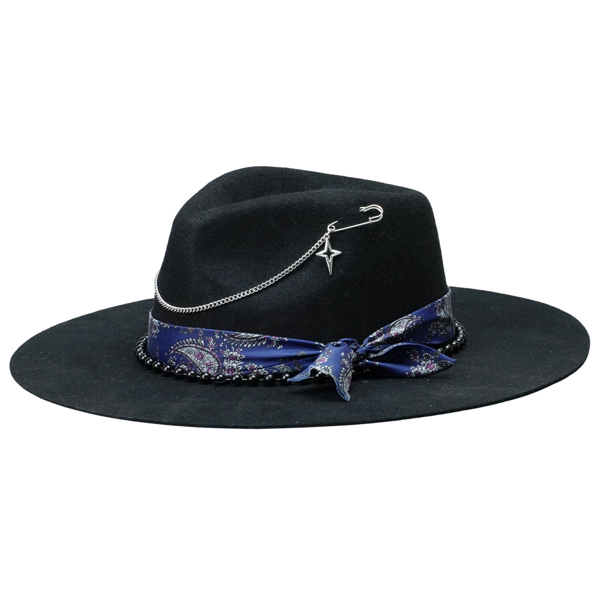 Edgy Black Hat: Beaded Band, Metal Chains, Pins