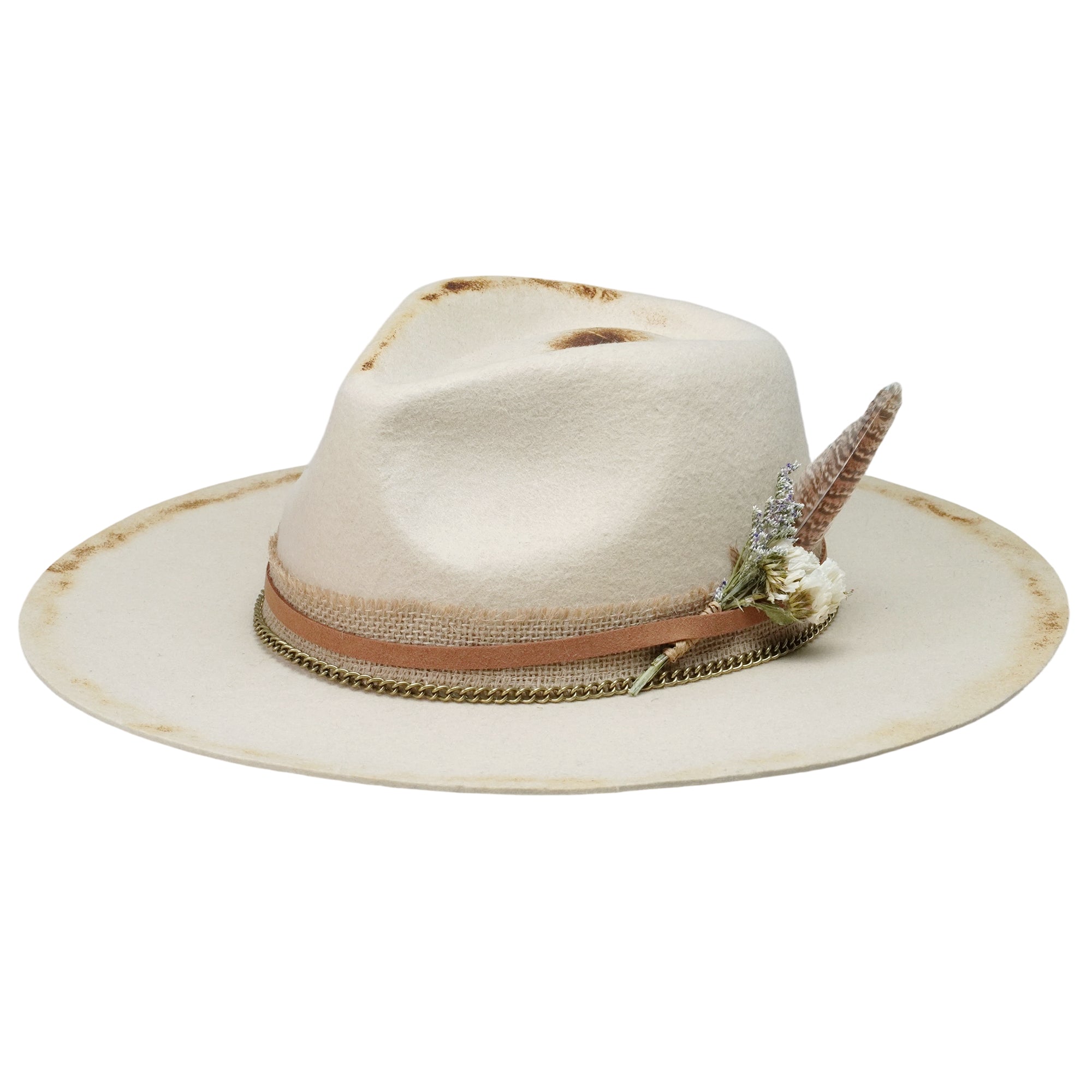 Off-White Flat Brim Felt Hat with Dried Flowers