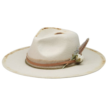 Off-White Flat Brim Felt Hat with Dried Flowers