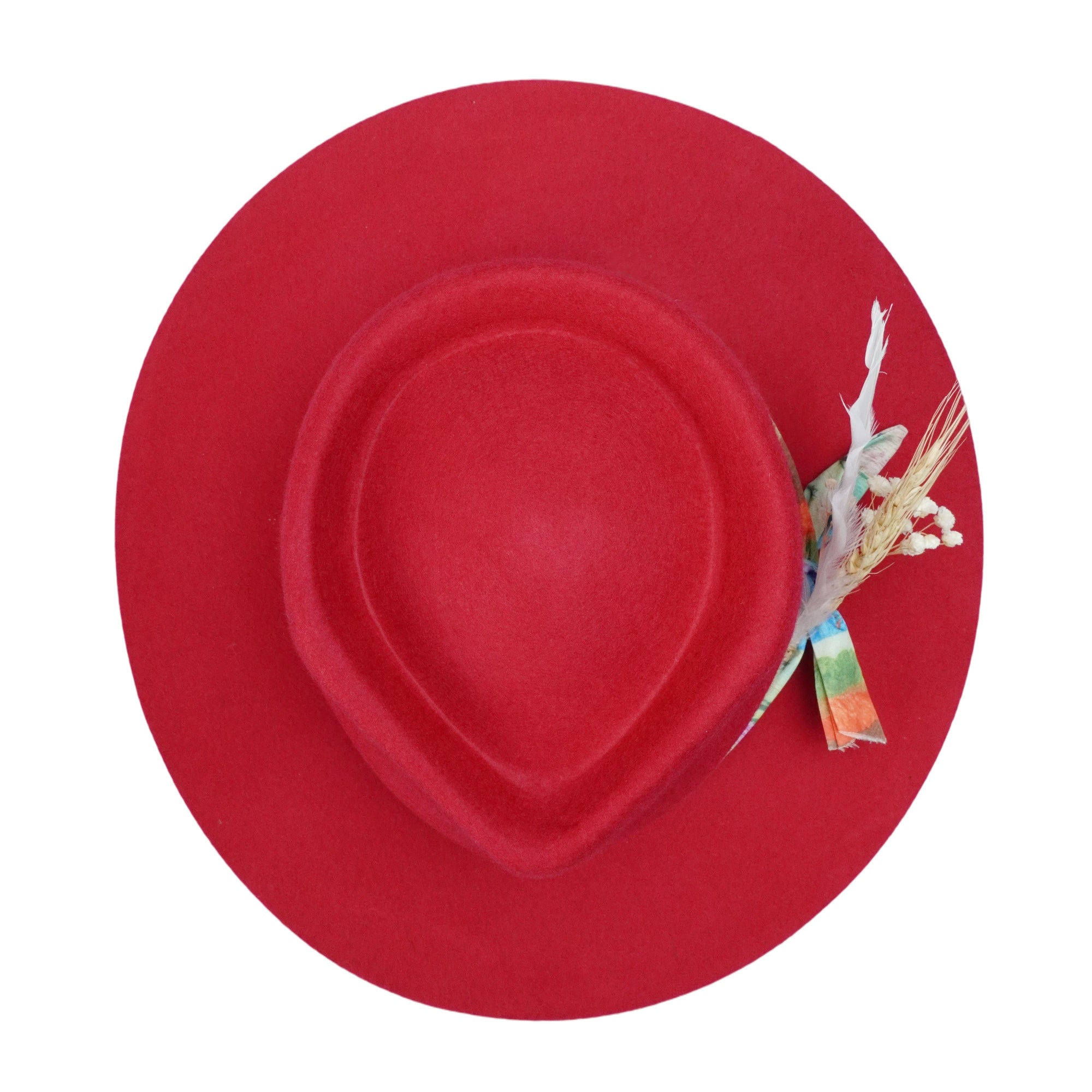 Red Straight Brim Felt Hat with Lace & Floral Band