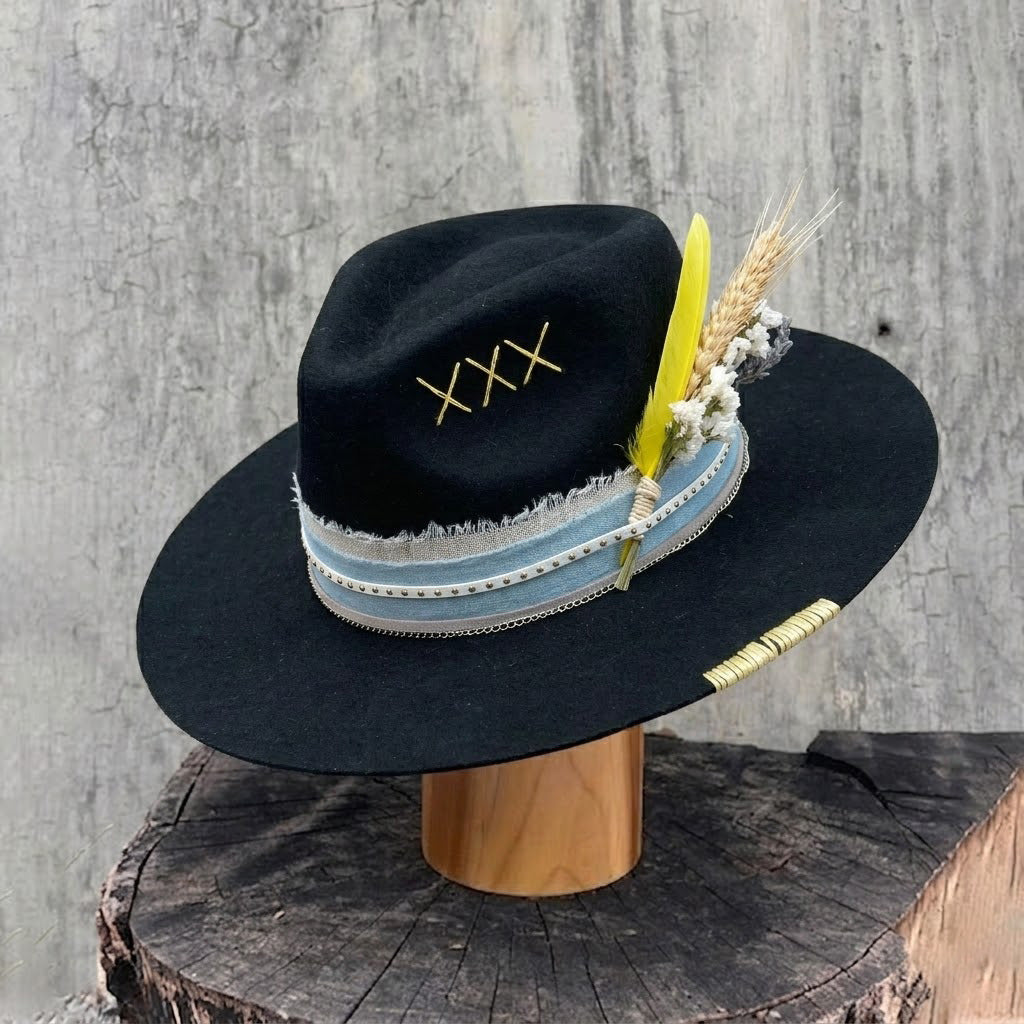 Black Felt Fedora with Denim & Leather Band