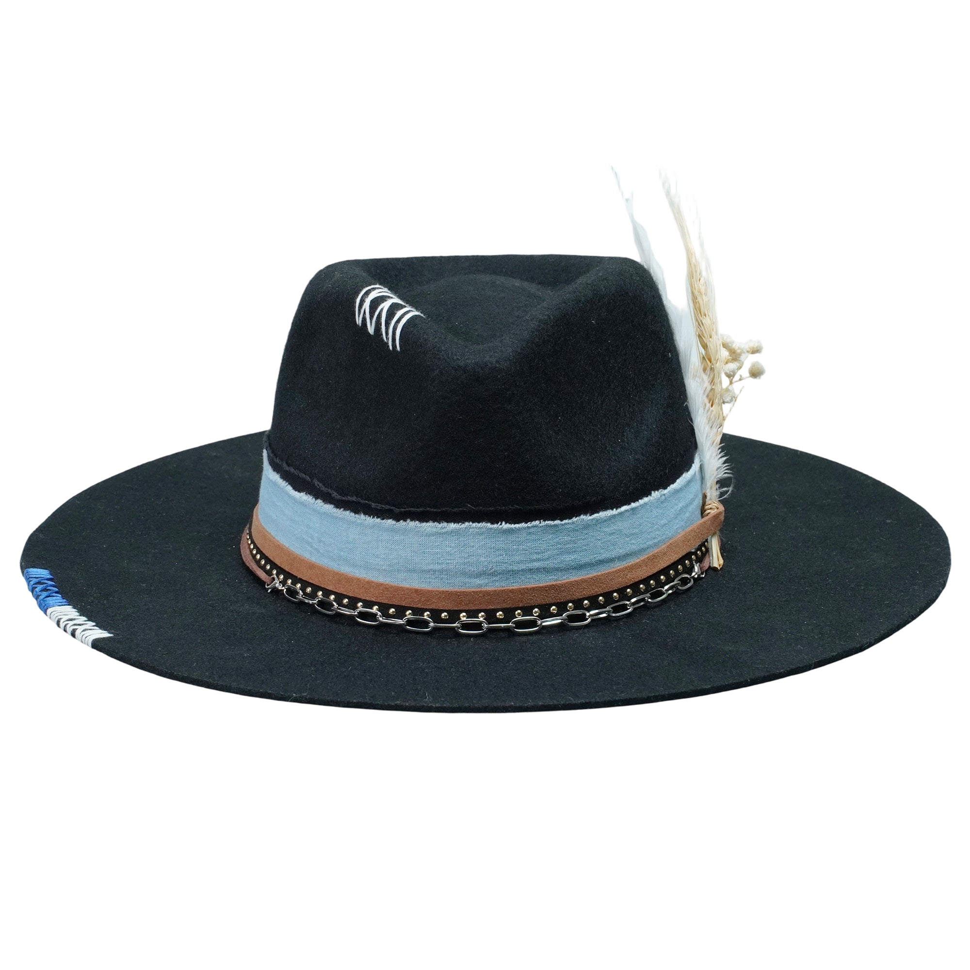 Classic Black Felt Fedora with Denim & Dried Flower Band