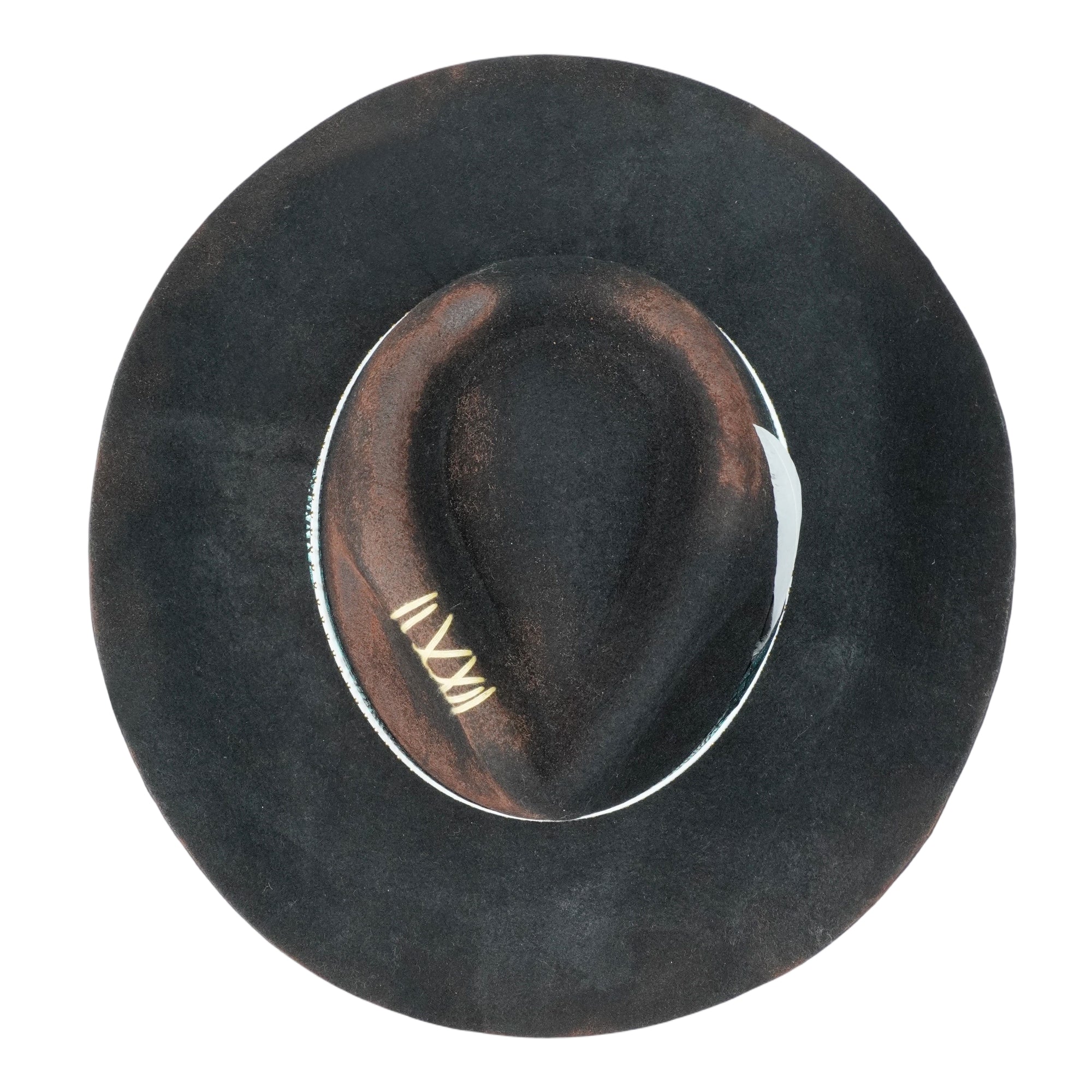 Hand-Burned Artistic Felt Hat – Charred Finish, Glossy Trim