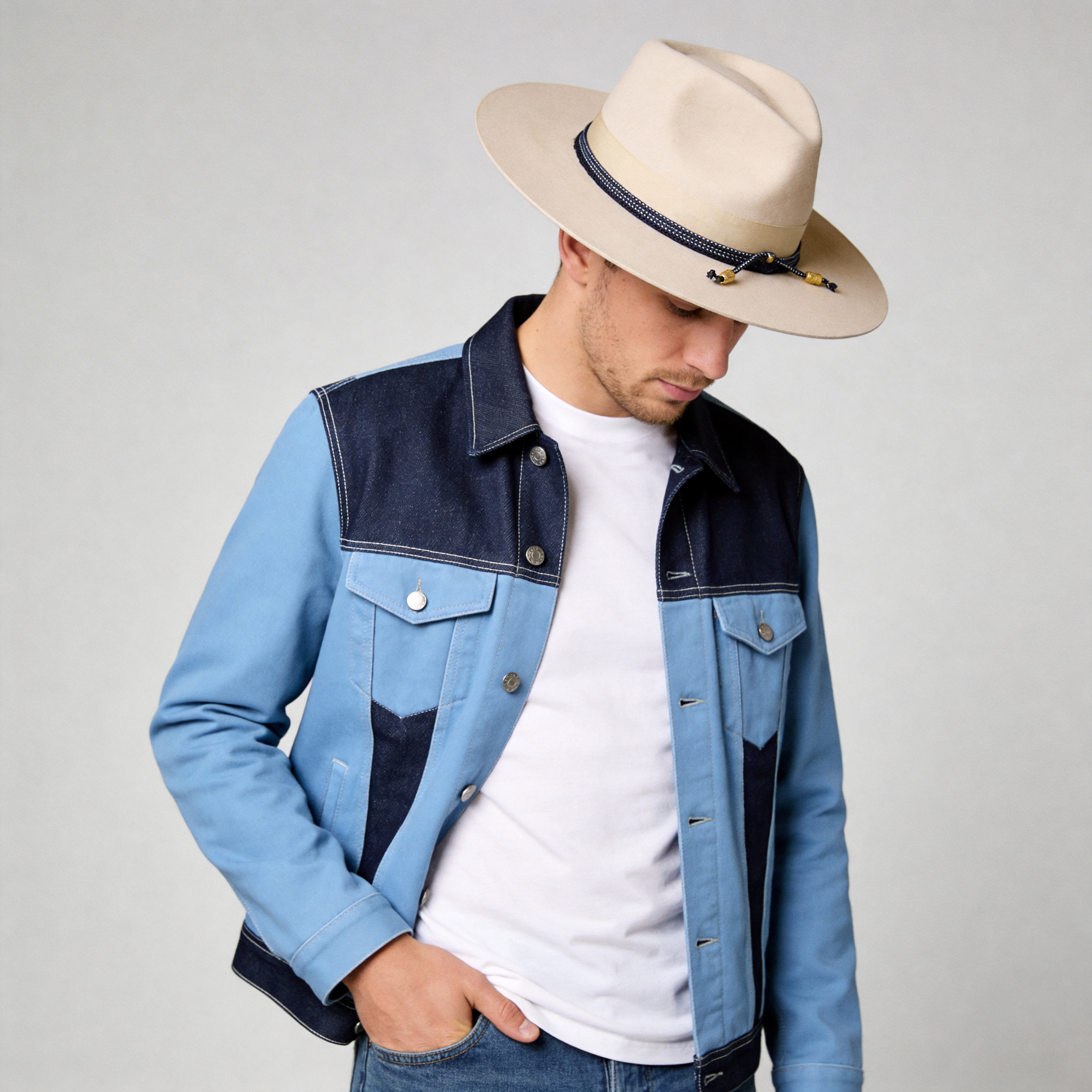Beige Flat-Brim Hat – Custom Band & Metal Bead
