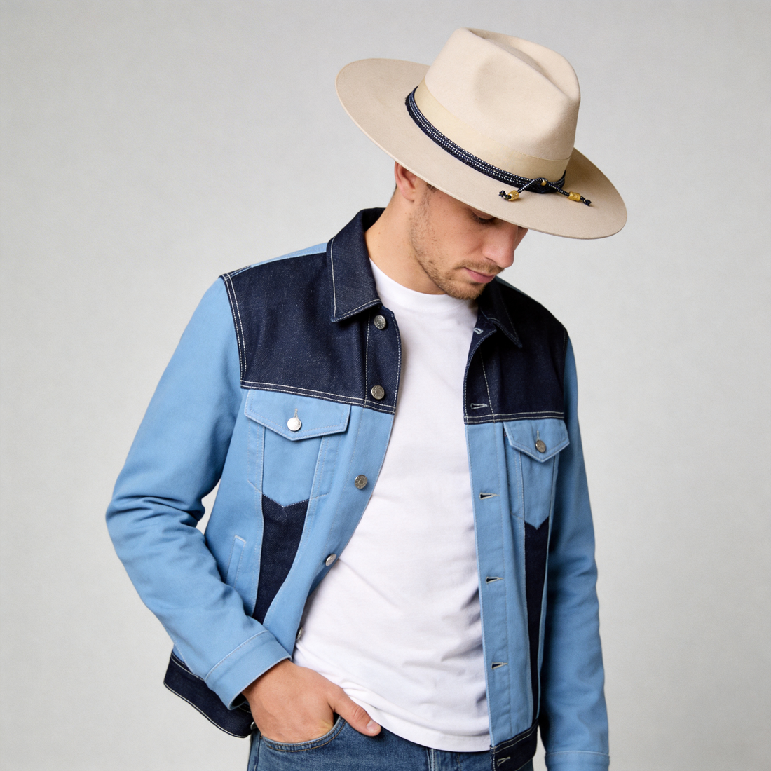 Beige Flat-Brim Hat – Custom Band & Metal Bead
