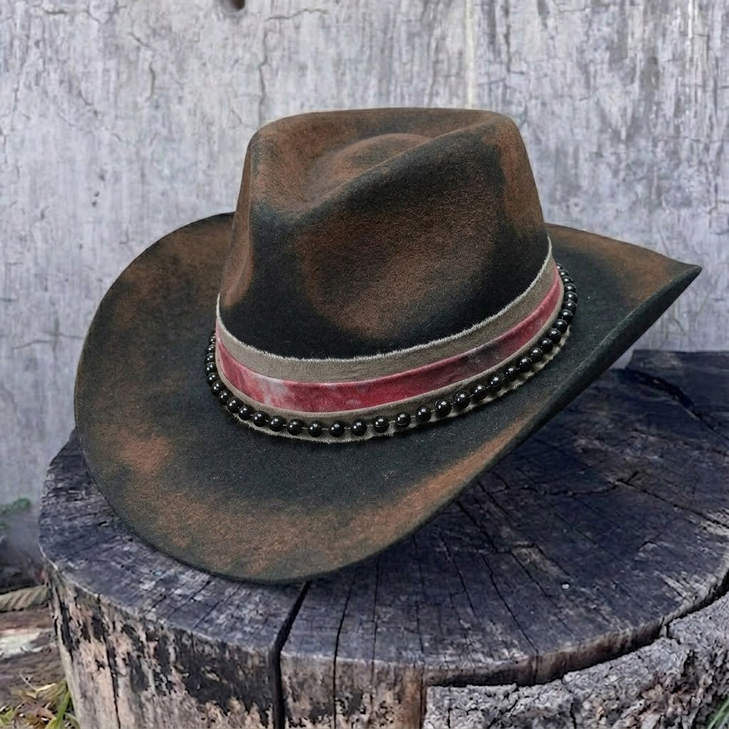 Distressed Black Rolled Brim Hat with Beaded Band
