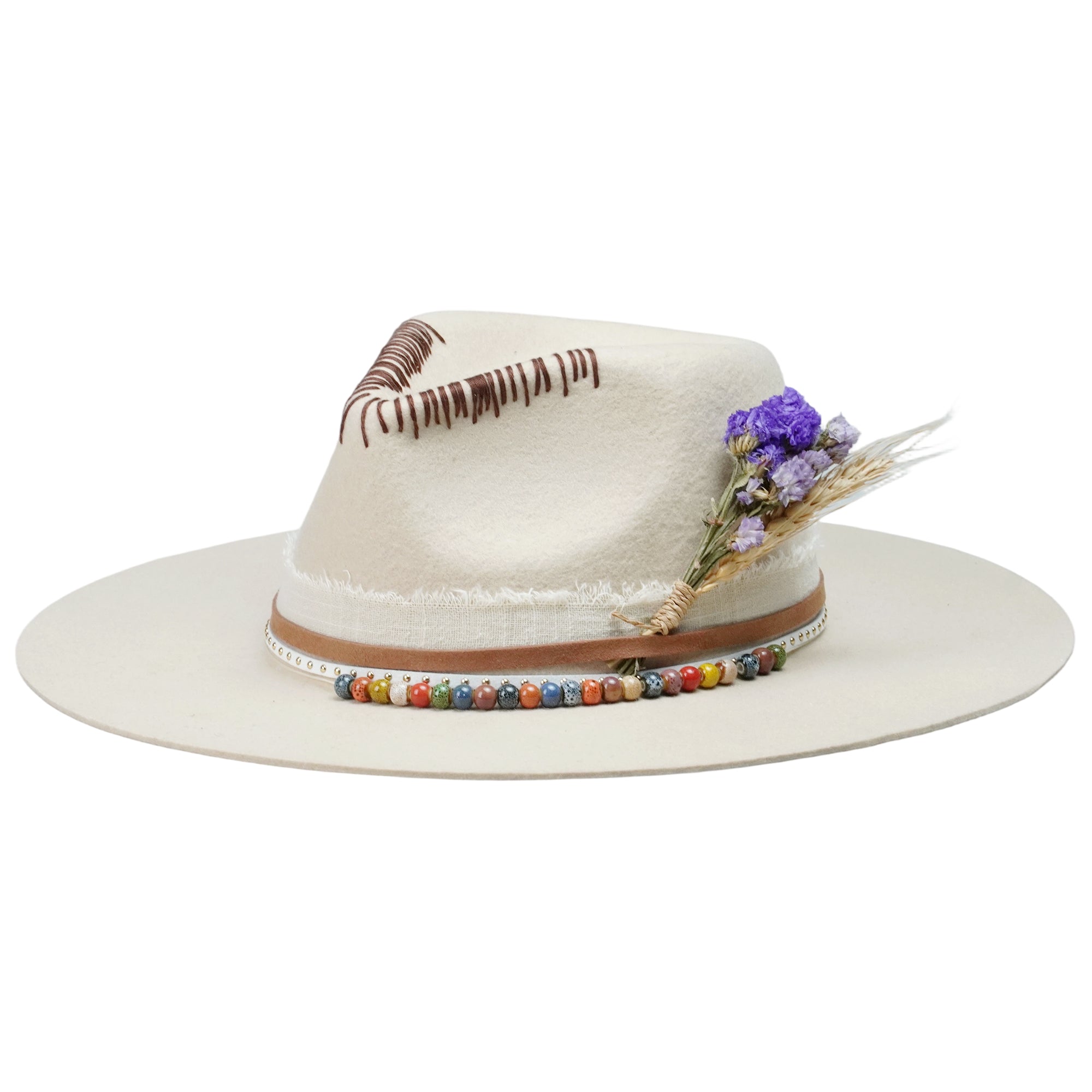 Cream Straight Brim Hat - Beaded Band & Stitching Detail