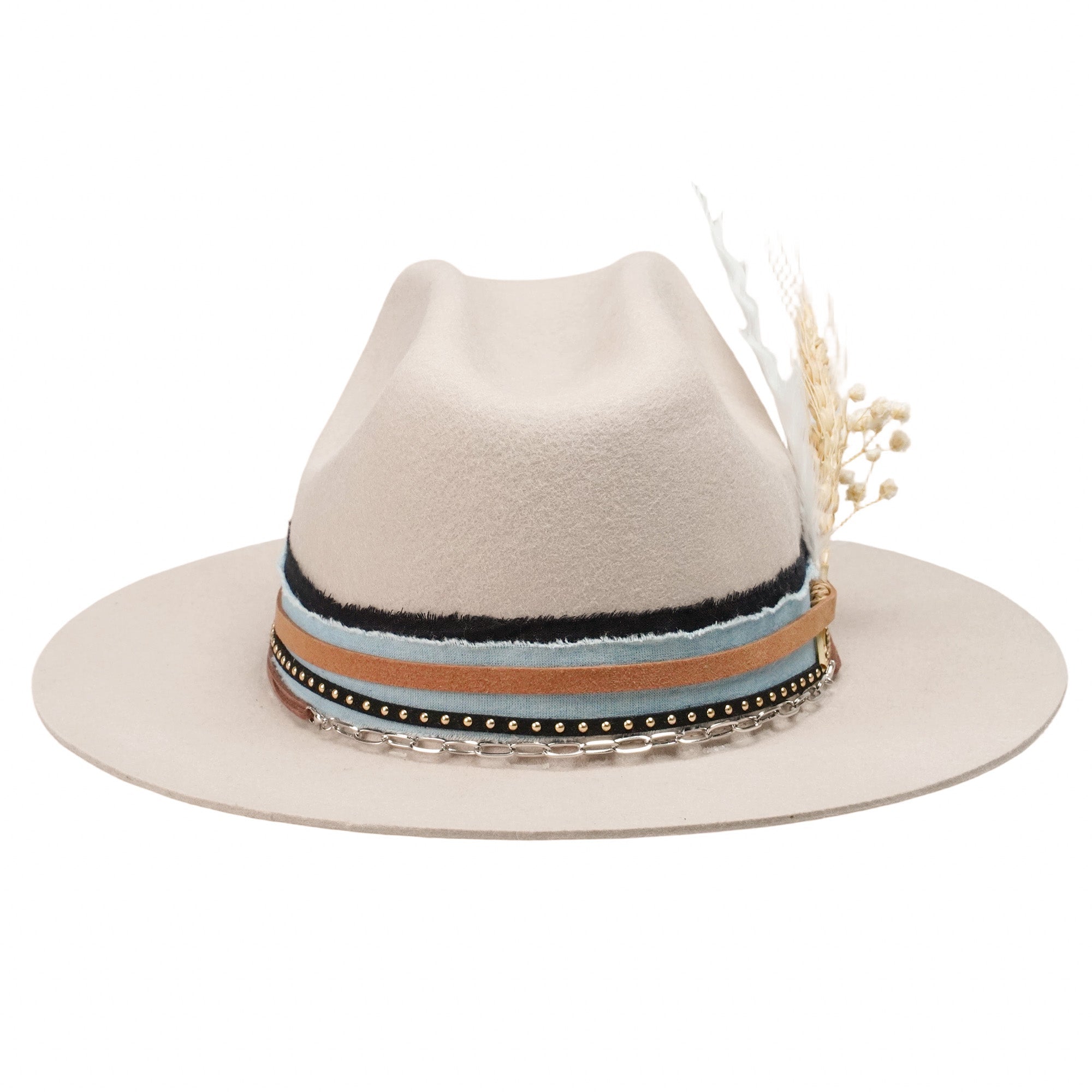Oatmeal Felt Hat - Silver Chain & Floral Accent Detail