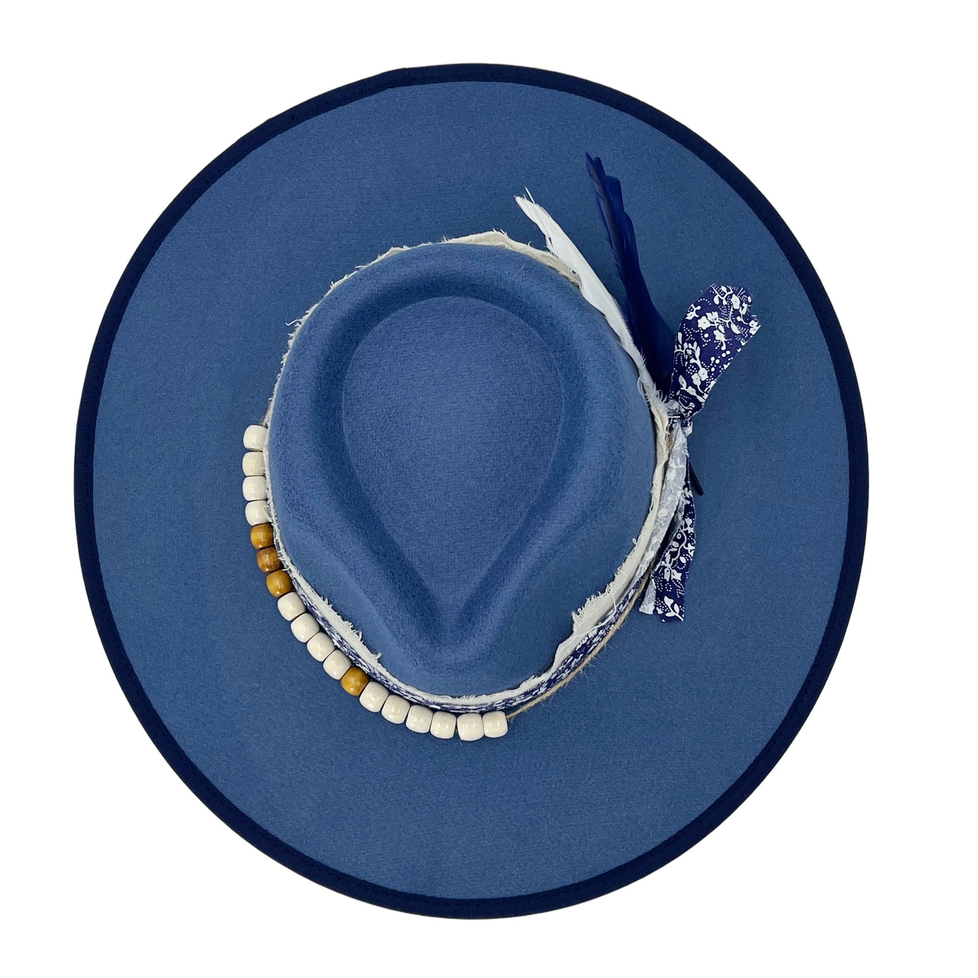 Denim Blue Wide-Brim – Print, Feather & Beads