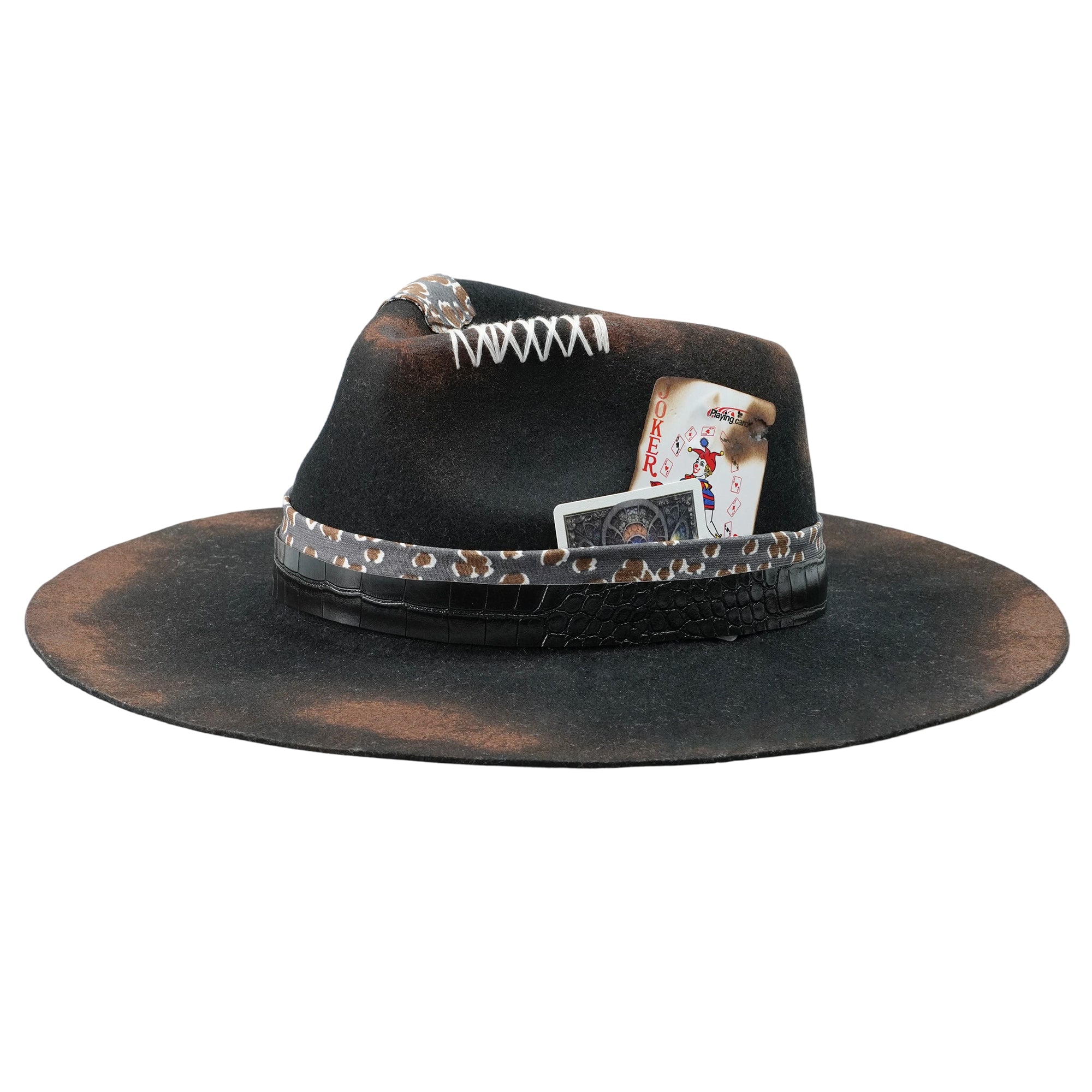 Hand-Burned Artistic Felt Hat – Sculpted Crown, Eclectic Hatband