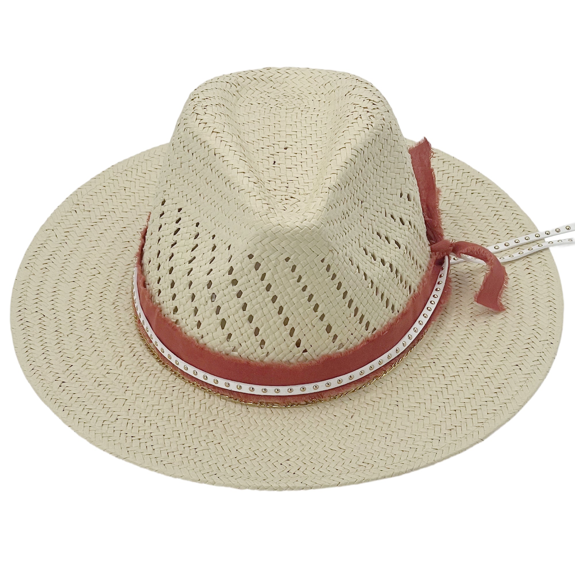 Soft Beige Straw – Orange Band & Chain Detail