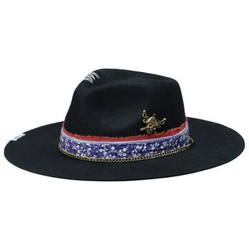 Felt Hat: Floral Fabric and Ornate Metal Detail